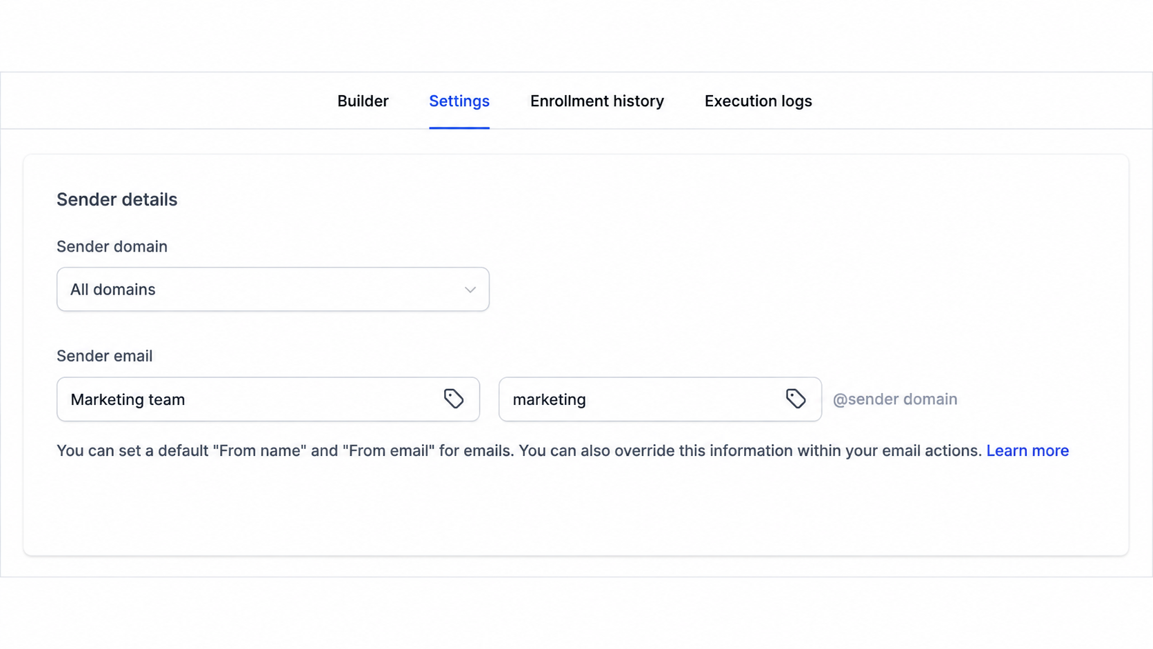 GoHighLevel workflow sender details configured with All domains and marketing email prefix