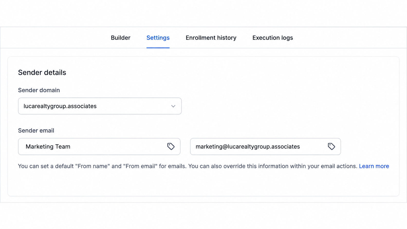 GoHighLevel workflow with a specific sender domain and marketing email address