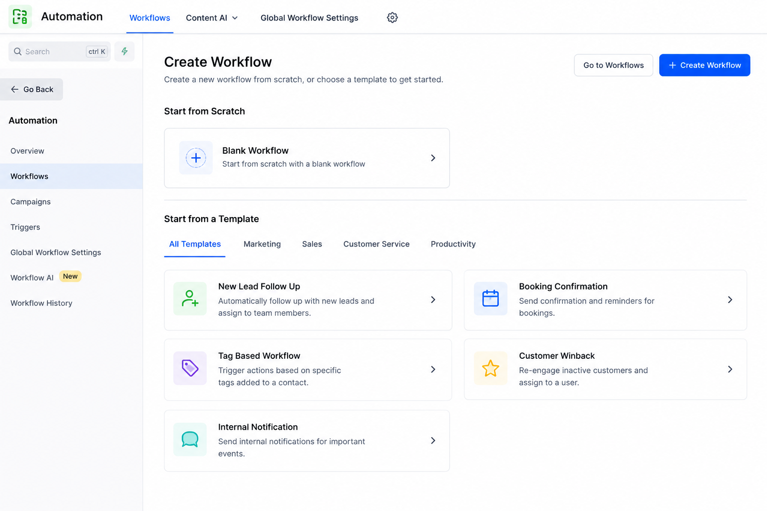 GoHighLevel workflow creation screen for setting up automated lead assignment