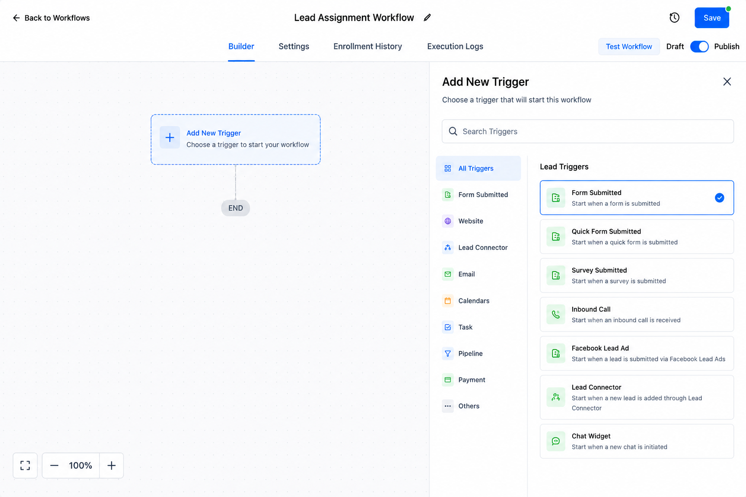 GoHighLevel workflow trigger selection for automated lead assignment