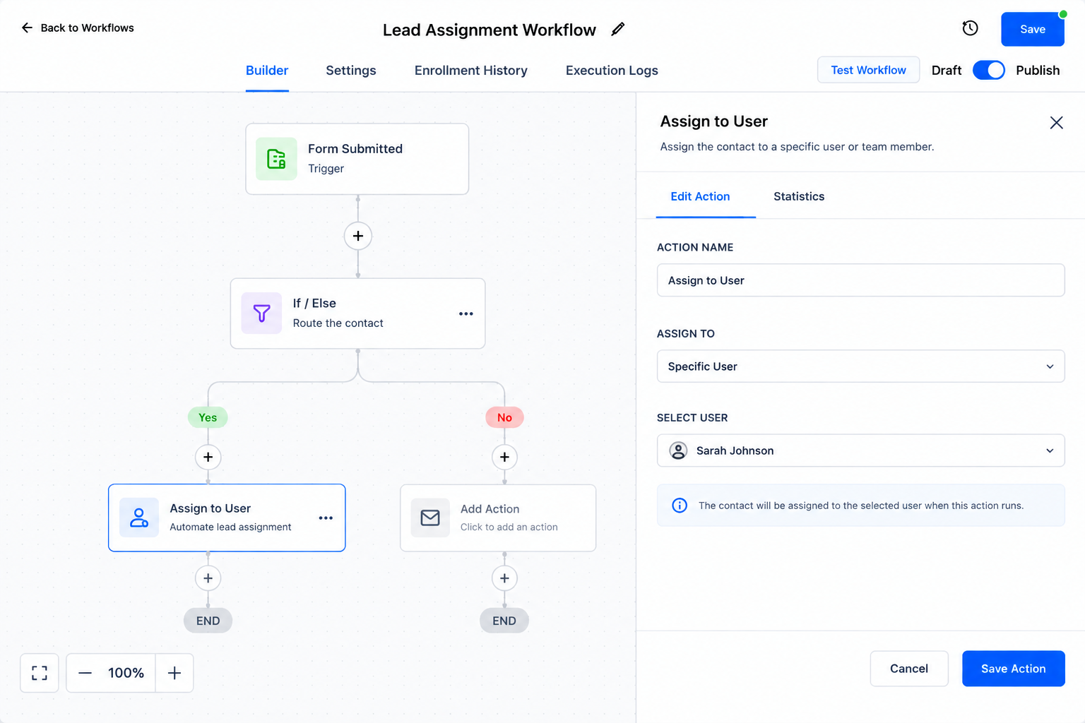 GoHighLevel Assign to User action configured to assign a lead to a specific team member