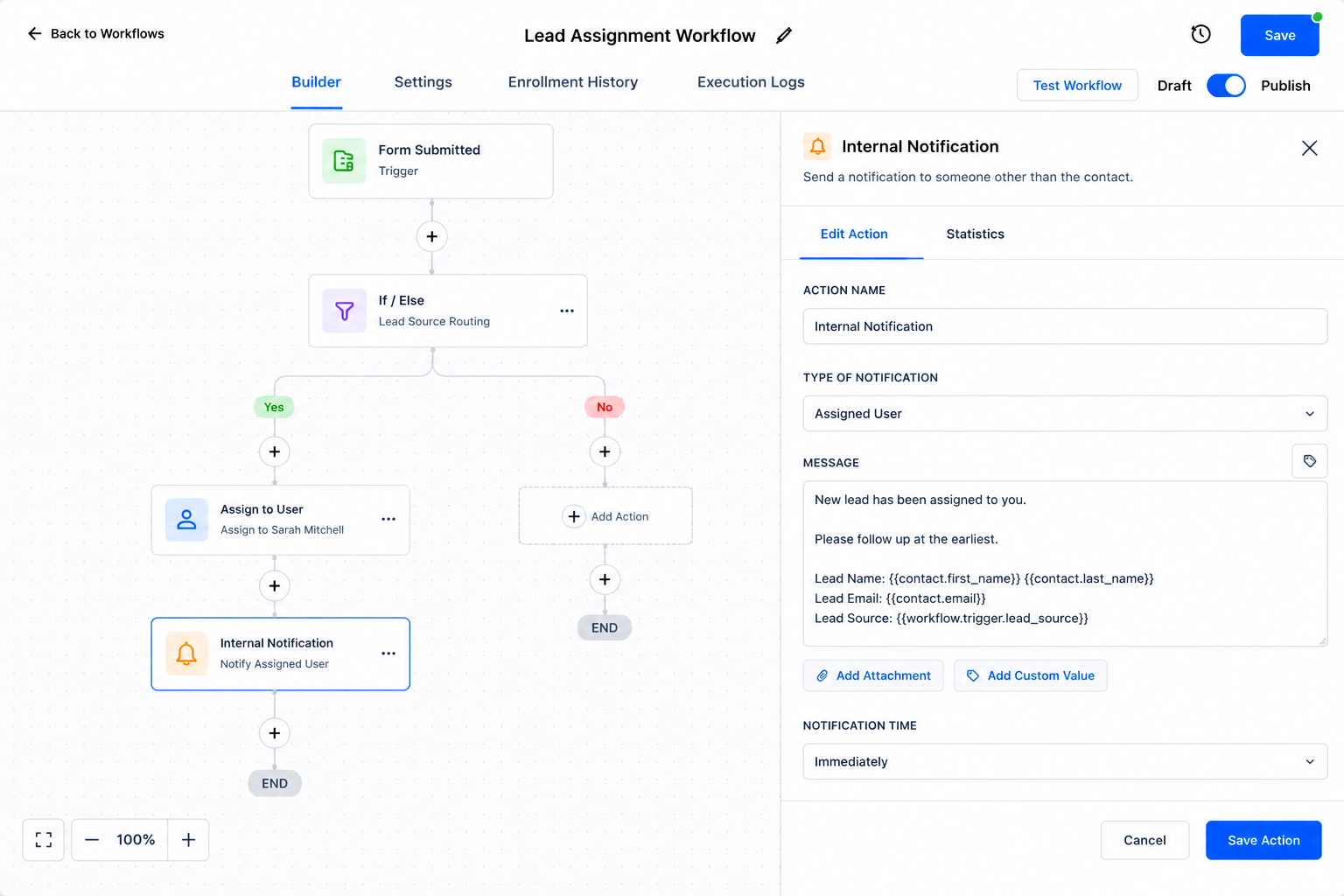 GoHighLevel lead assignment workflow with internal notification after Assign to User action