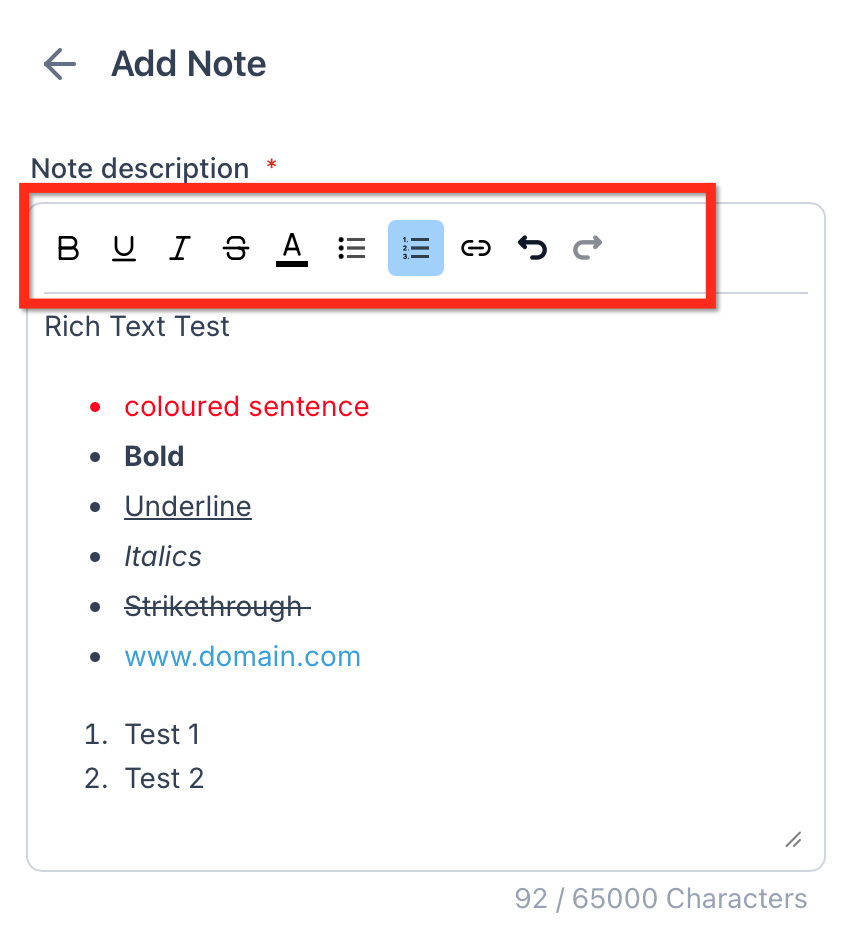 GoHighLevel Add Note editor with the rich text toolbar highlighted showing bold, underline, italics, strikethrough, text colour, bulleted and numbered lists and a link button GoHighLevel Add Note editor with the rich text toolbar highlighted showing bold, underline, italics, strikethrough, text colour, bulleted and numbered lists and a link button