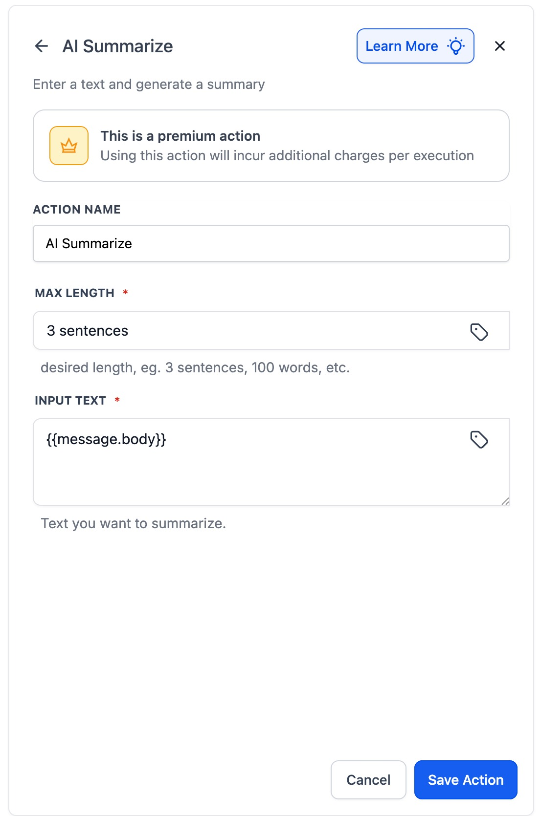 GoHighLevel AI Summarize workflow action panel marked as a premium action with a Max Length field set to 3 sentences and an Input Text field holding a message body merge field GoHighLevel AI Summarize workflow action panel marked as a premium action with a Max Length field set to 3 sentences and an Input Text field holding a message body merge field
