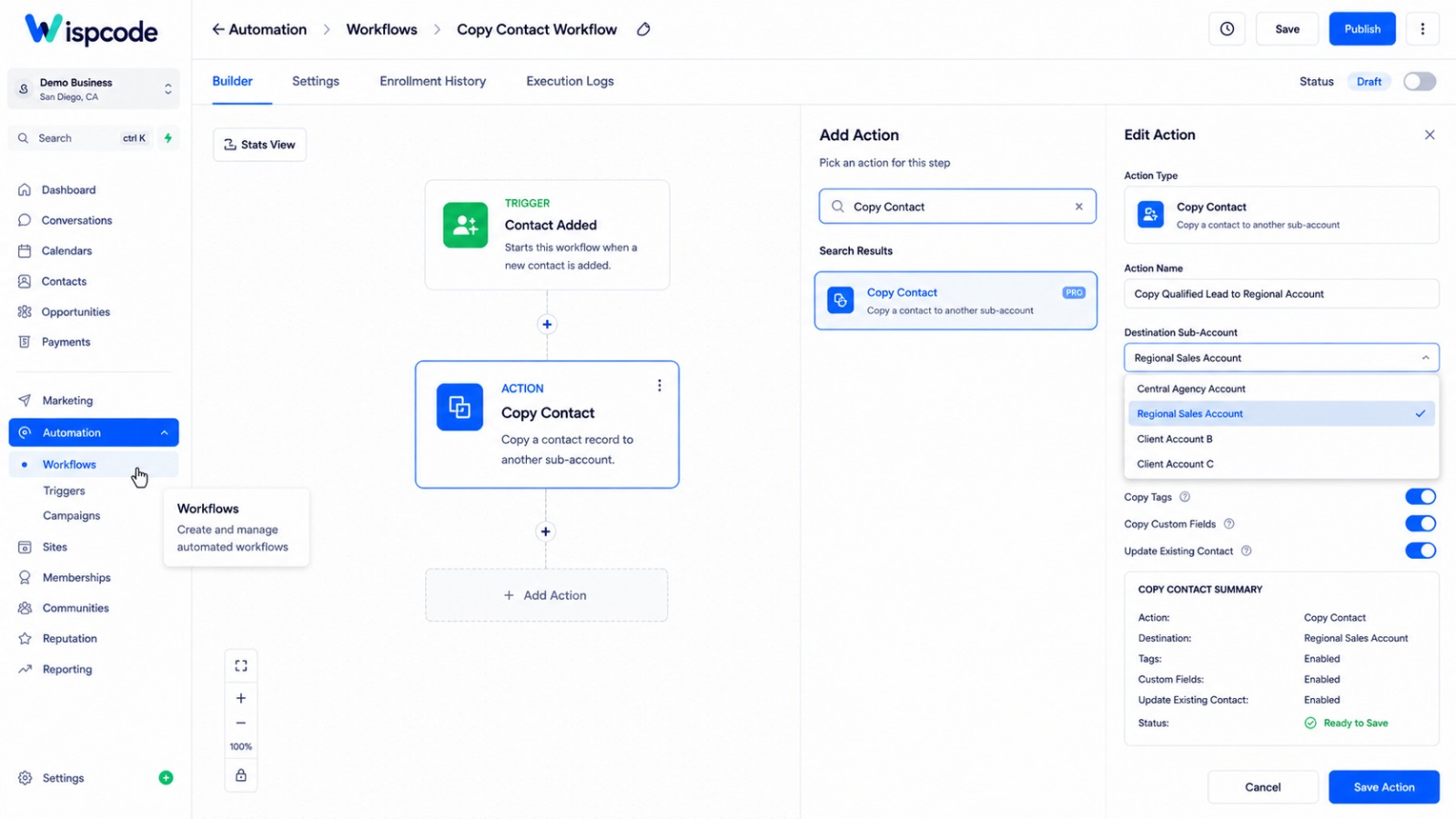 Selecting copy contact action in workflow menu Selecting copy contact action in workflow menu