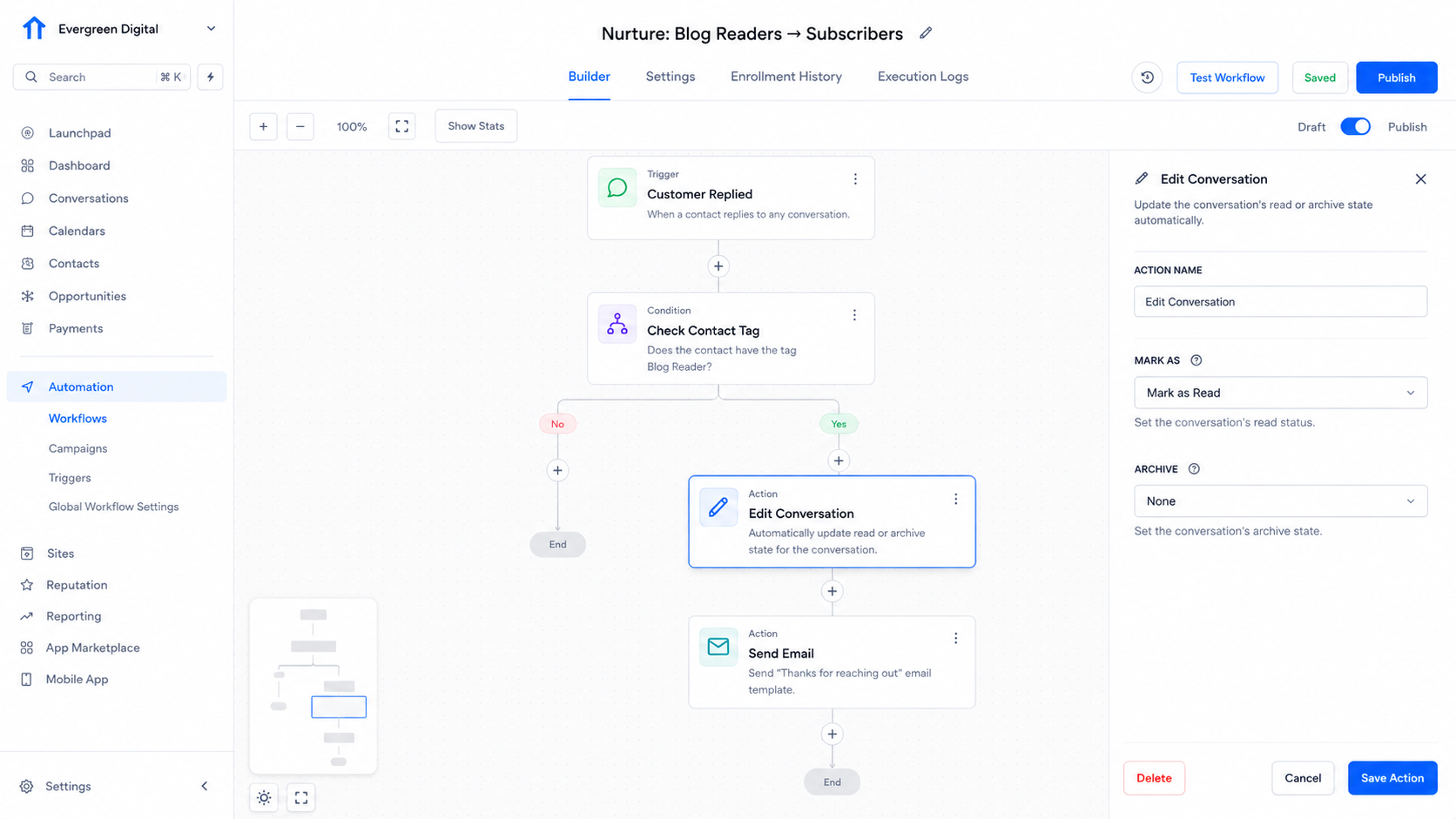 GoHighLevel workflow showing the Edit Conversation action after a workflow trigger GoHighLevel workflow showing the Edit Conversation action after a workflow trigger