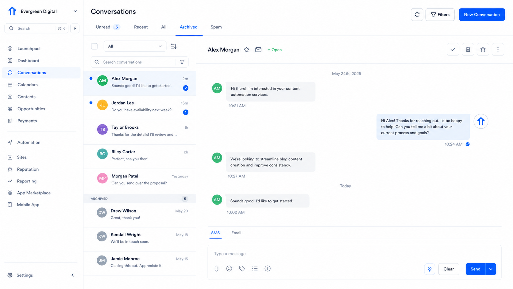 GoHighLevel Conversations interface showing organized customer conversations GoHighLevel Conversations interface showing organized customer conversations