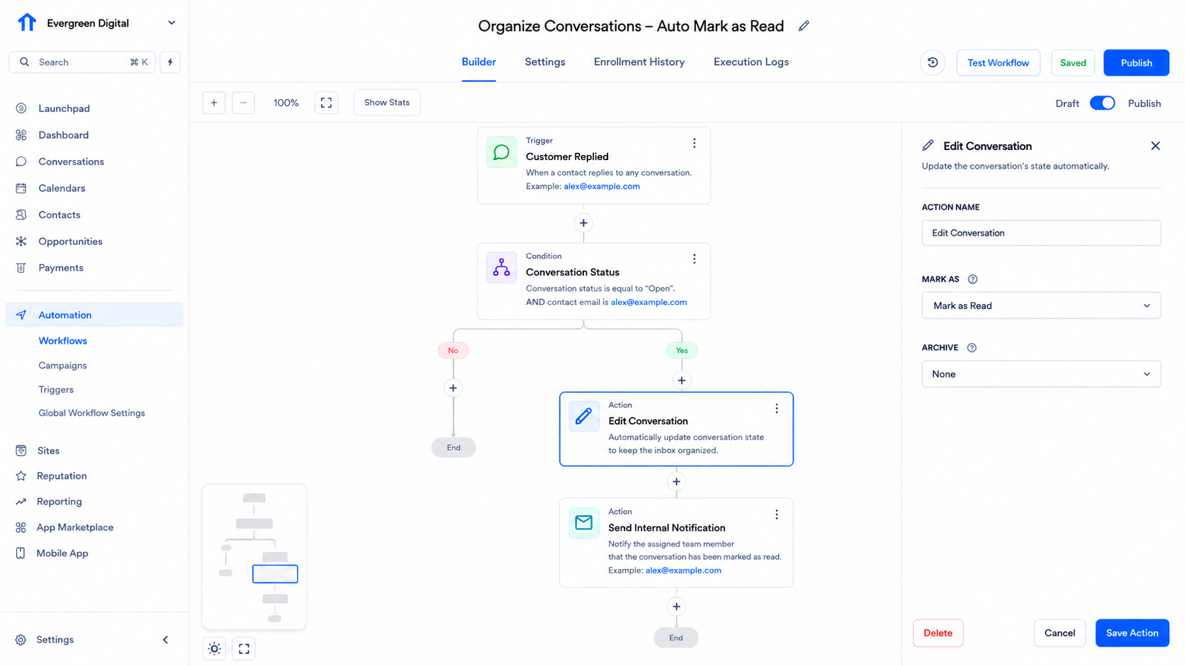 GoHighLevel automation workflow using Edit Conversation to organize a customer conversation GoHighLevel automation workflow using Edit Conversation to organize a customer conversation