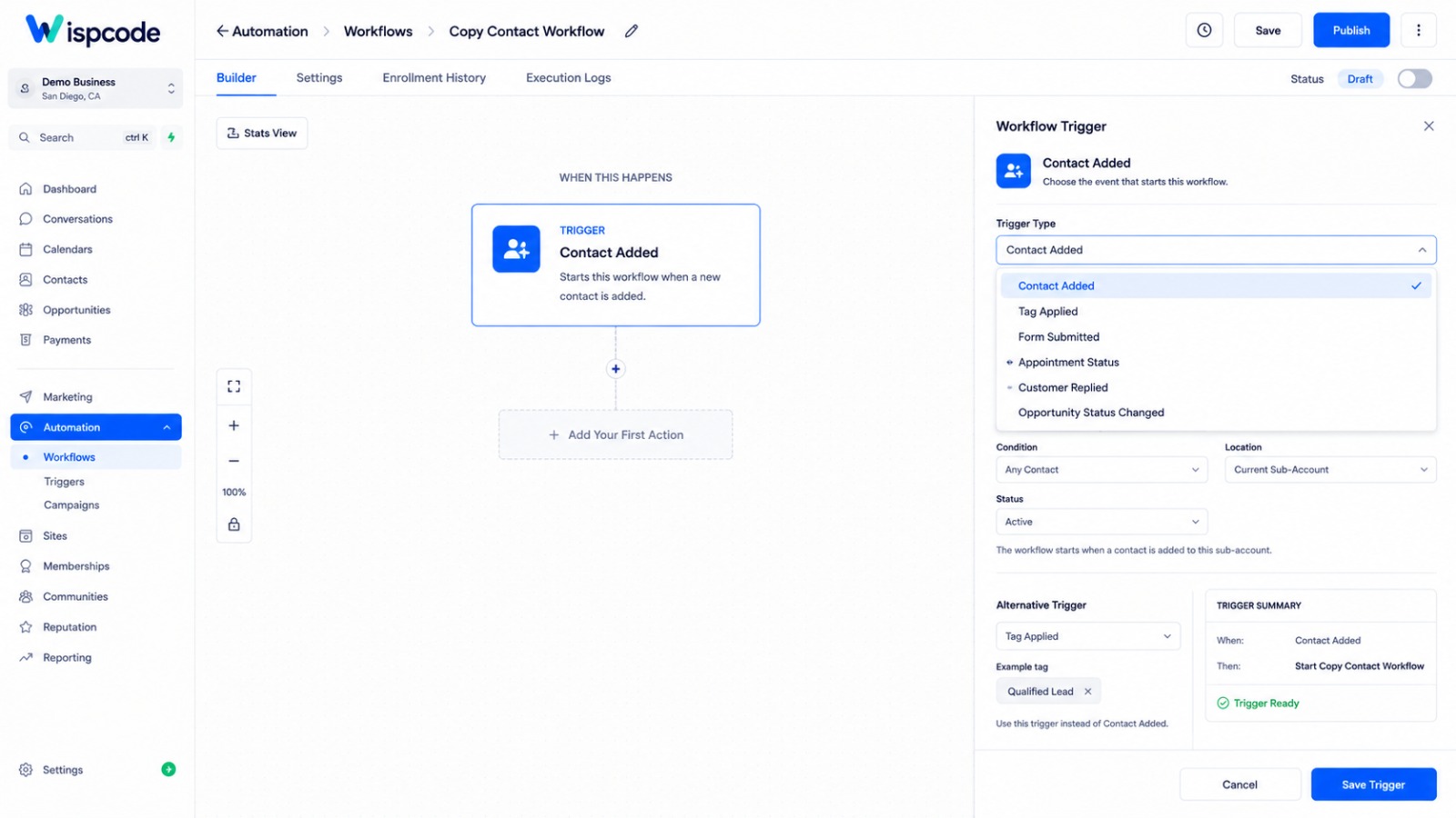 Workflow builder showing contact added trigger setup Workflow builder showing contact added trigger setup