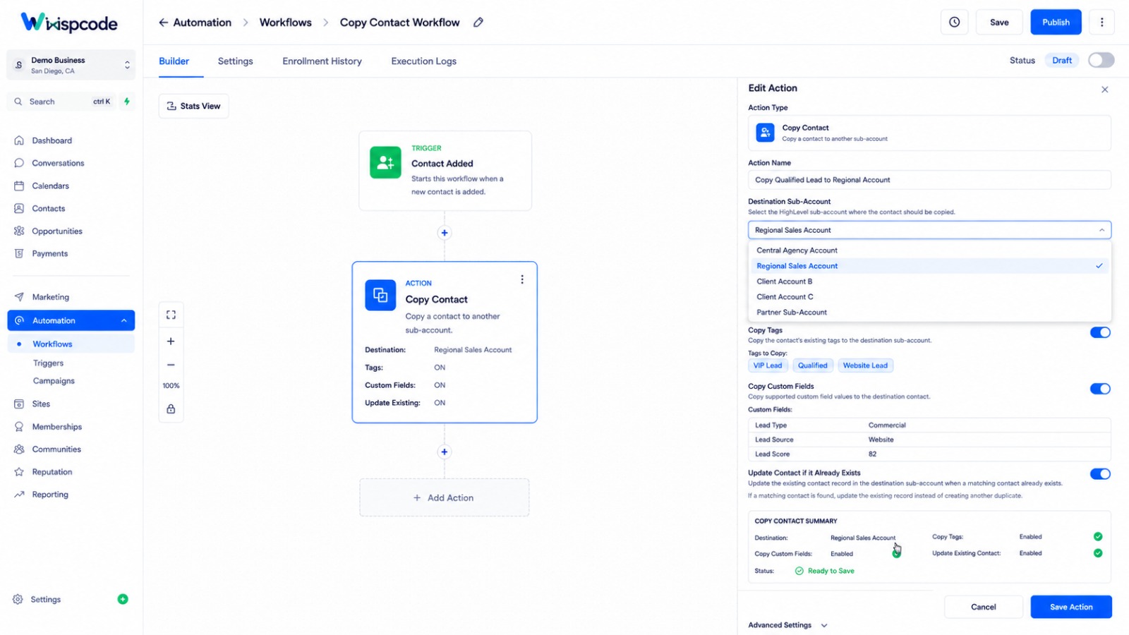GoHighLevel copy contact action settings panel GoHighLevel copy contact action settings panel