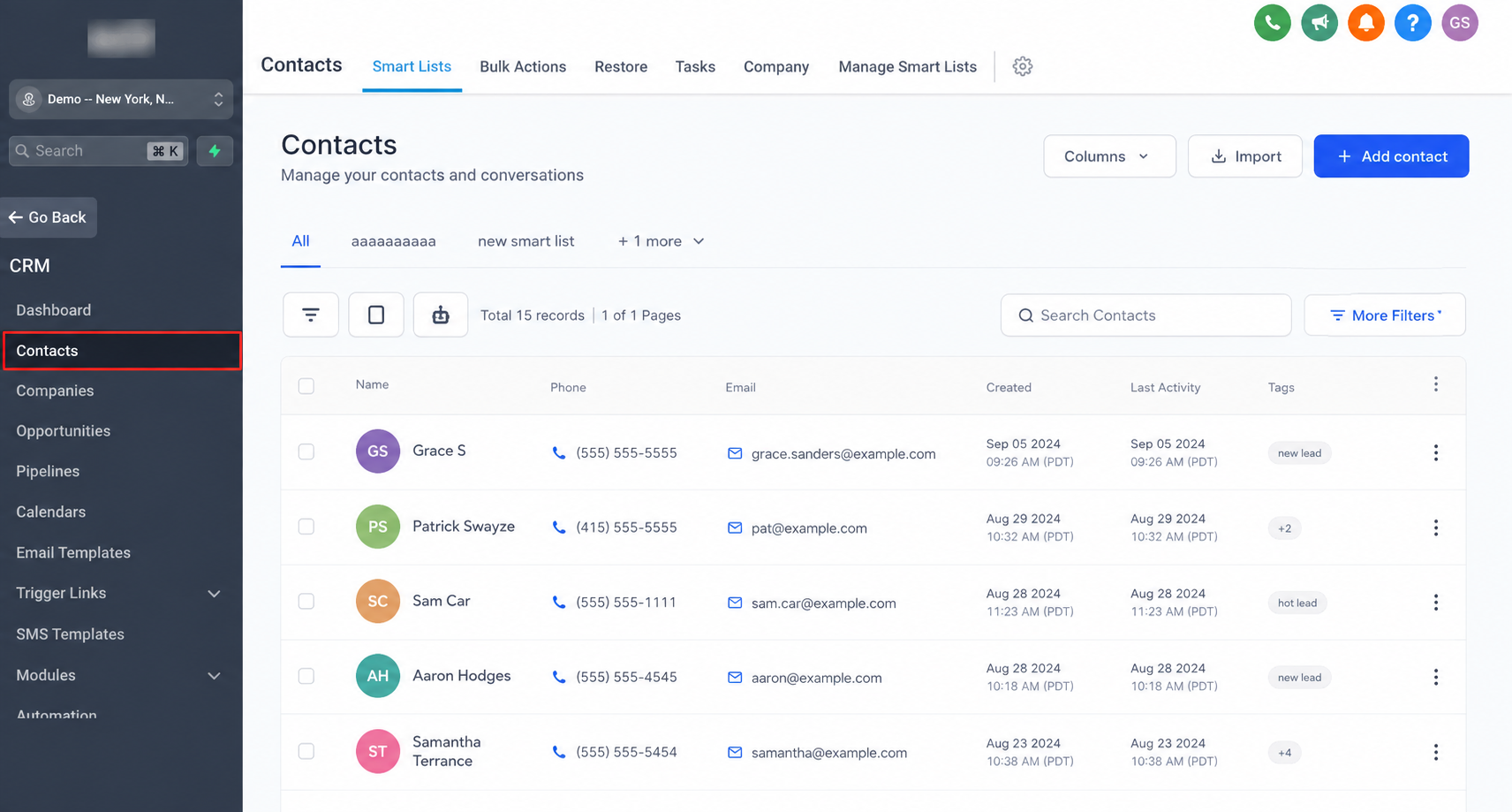 GoHighLevel Contacts dashboard showing the Contacts section for managing CRM contacts. GoHighLevel Contacts dashboard showing the Contacts section for managing CRM contacts.