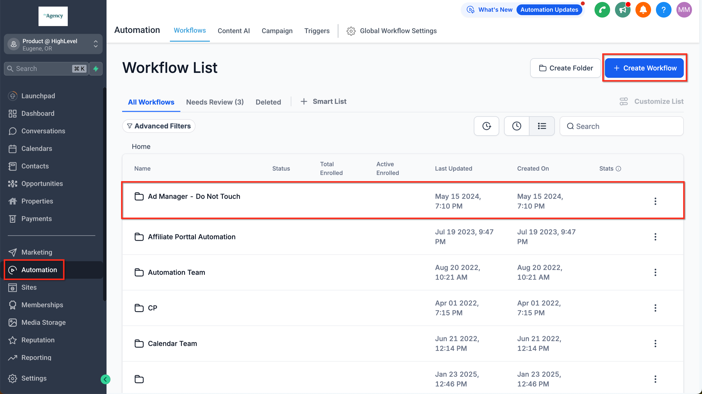 GoHighLevel Workflow List screen with the Automation item highlighted in the left navigation and the blue Create Workflow button highlighted at the top right GoHighLevel Workflow List screen with the Automation item highlighted in the left navigation and the blue Create Workflow button highlighted at the top right