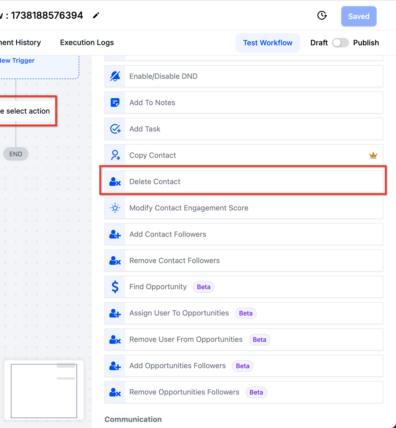GoHighLevel workflow actions menu open on the Contact group with Delete Contact highlighted in a red box, sitting below Add To Notes, Add Task and Copy Contact GoHighLevel workflow actions menu open on the Contact group with Delete Contact highlighted in a red box, sitting below Add To Notes, Add Task and Copy Contact