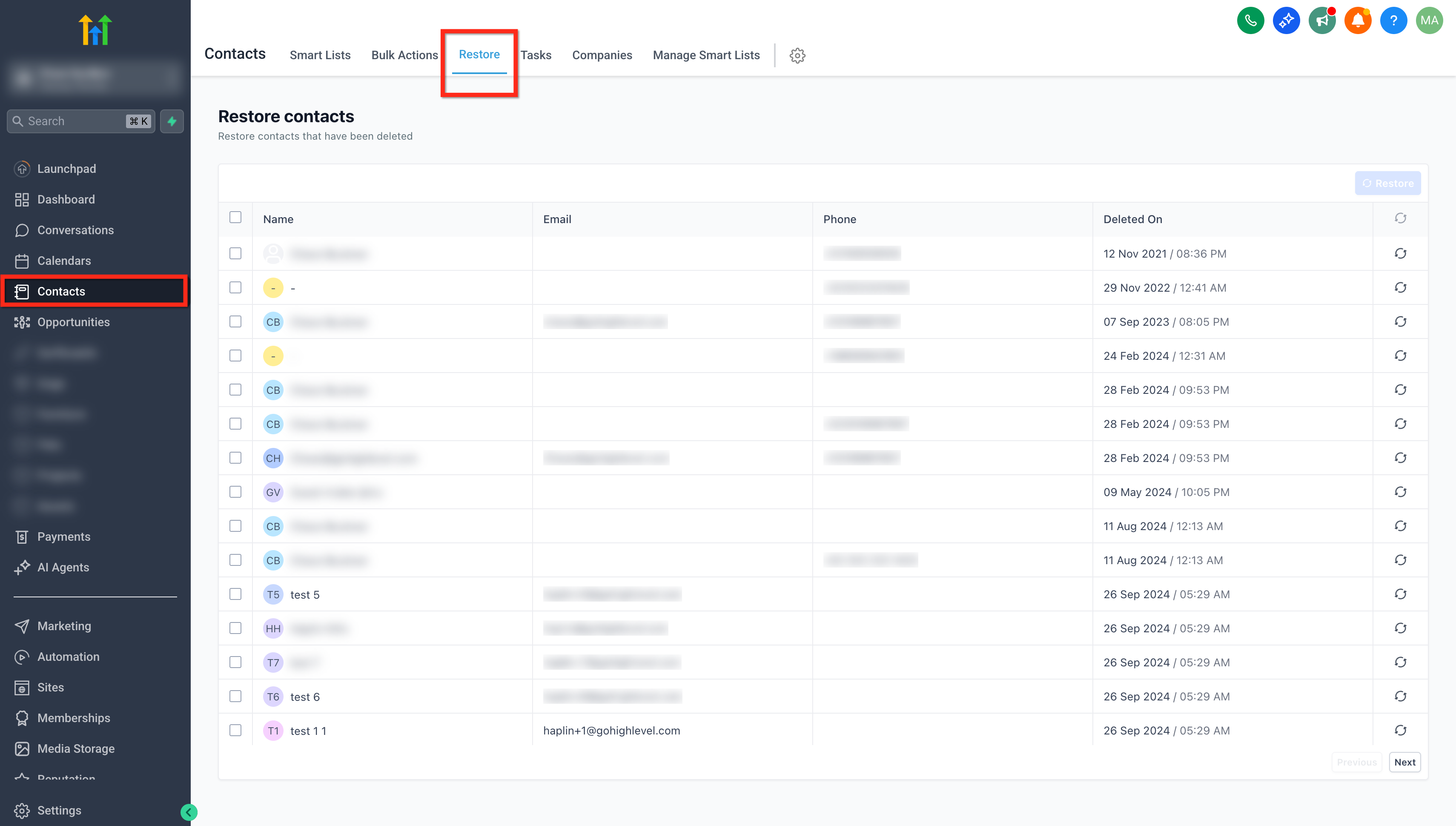 GoHighLevel Contacts Restore page with the Restore tab highlighted and a list of deleted contacts showing Name, Email, Phone and Deleted On columns GoHighLevel Contacts Restore page with the Restore tab highlighted and a list of deleted contacts showing Name, Email, Phone and Deleted On columns