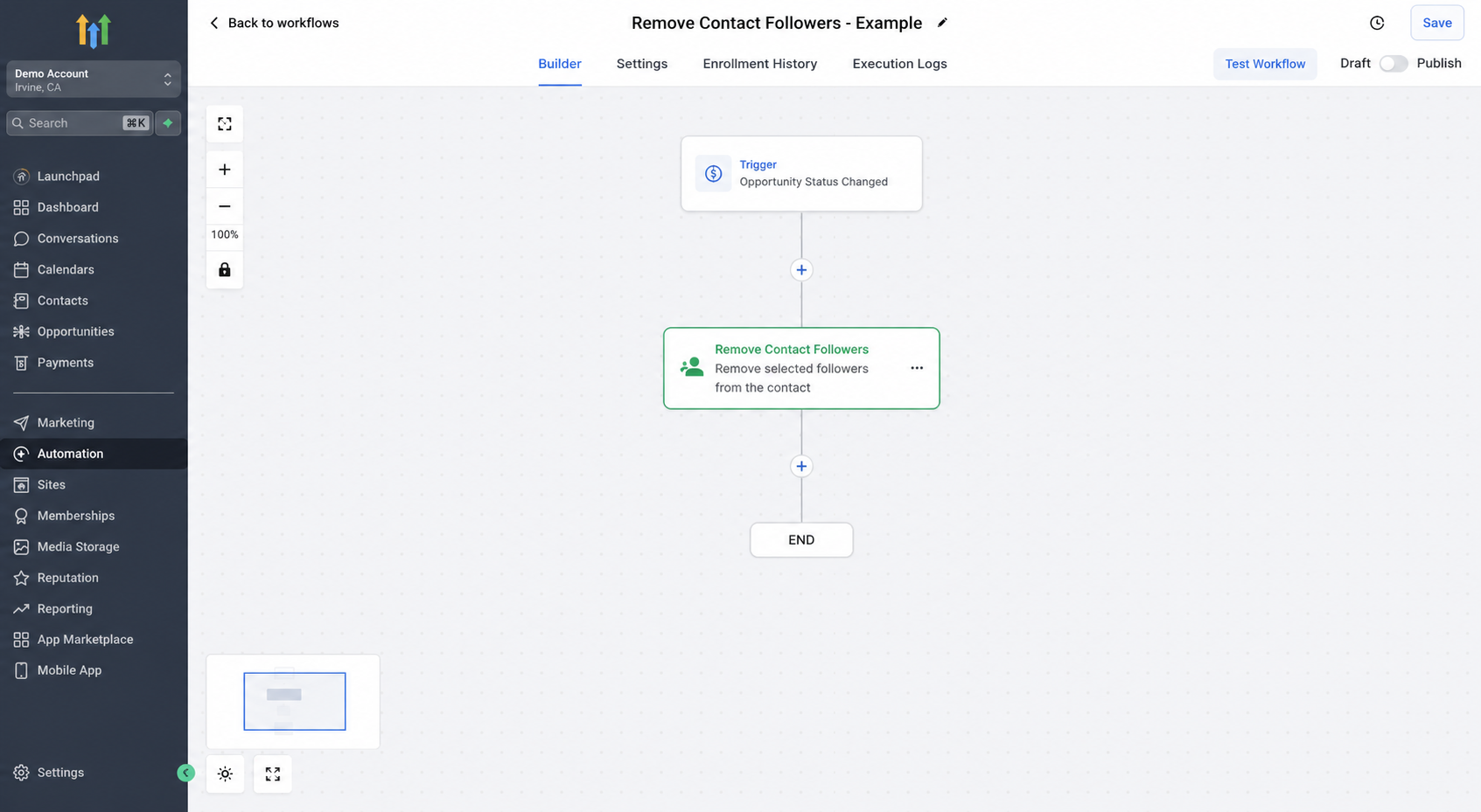 GoHighLevel workflow builder showing the Remove Contact Followers action after an Opportunity Status Changed trigger. GoHighLevel workflow builder showing the Remove Contact Followers action after an Opportunity Status Changed trigger.