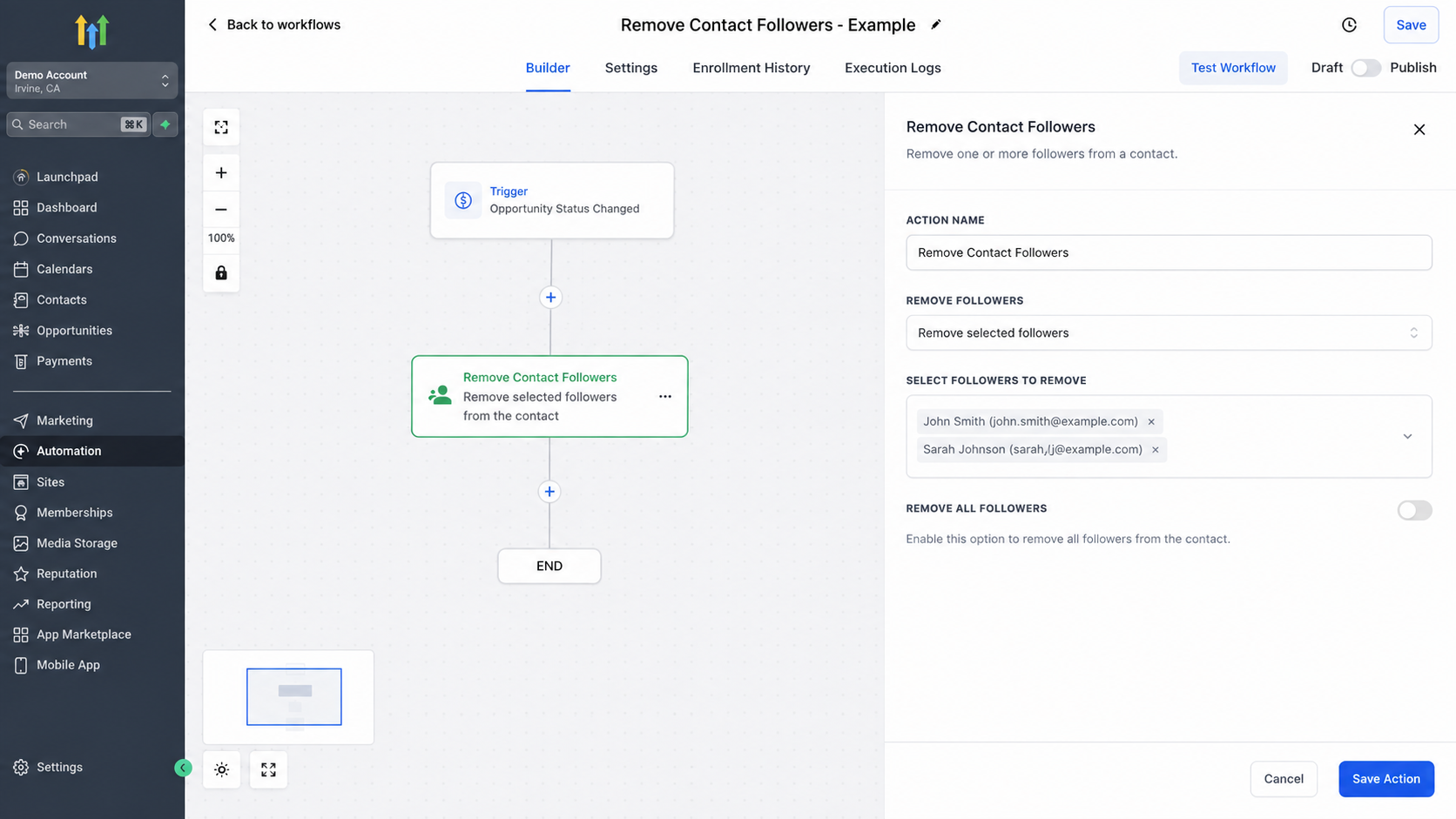 GoHighLevel Remove Contact Followers workflow action settings showing selected followers to remove from a contact. GoHighLevel Remove Contact Followers workflow action settings showing selected followers to remove from a contact.