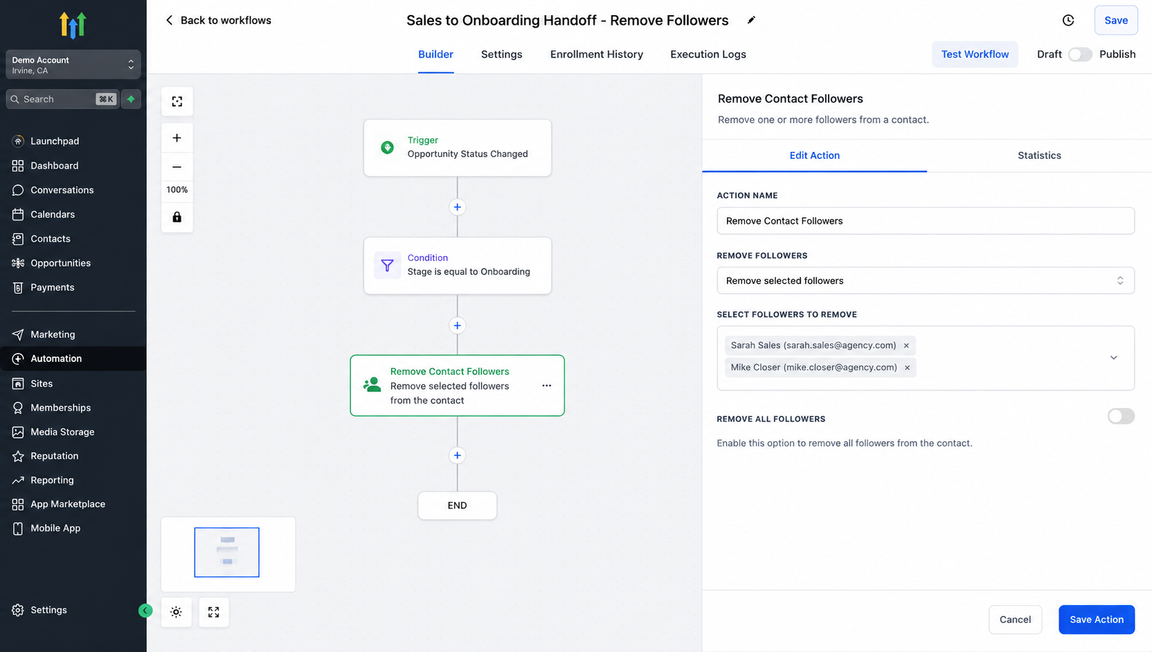 GoHighLevel workflow showing Remove Contact Followers during a sales-to-onboarding handoff. GoHighLevel workflow showing Remove Contact Followers during a sales-to-onboarding handoff.
