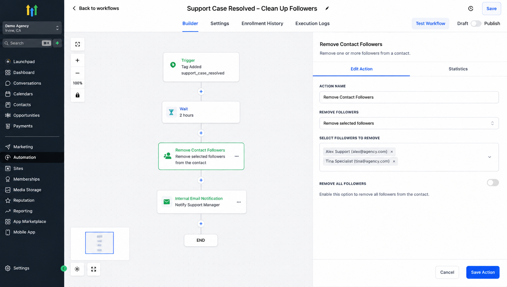 GoHighLevel workflow using Remove Contact Followers after a customer support process is completed. GoHighLevel workflow using Remove Contact Followers after a customer support process is completed.