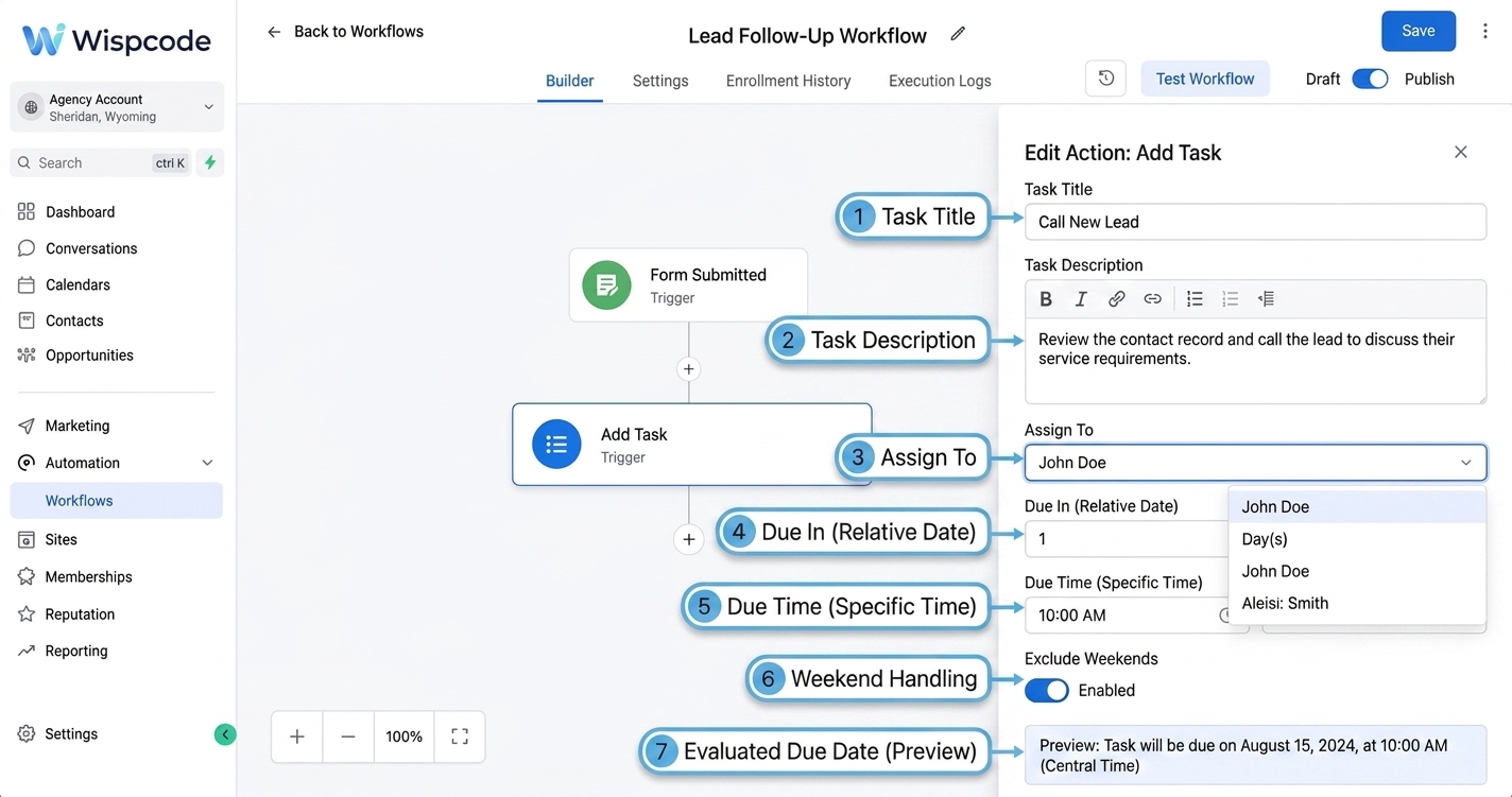 GoHighLevel Add Task configuration panel fields GoHighLevel Add Task configuration panel fields