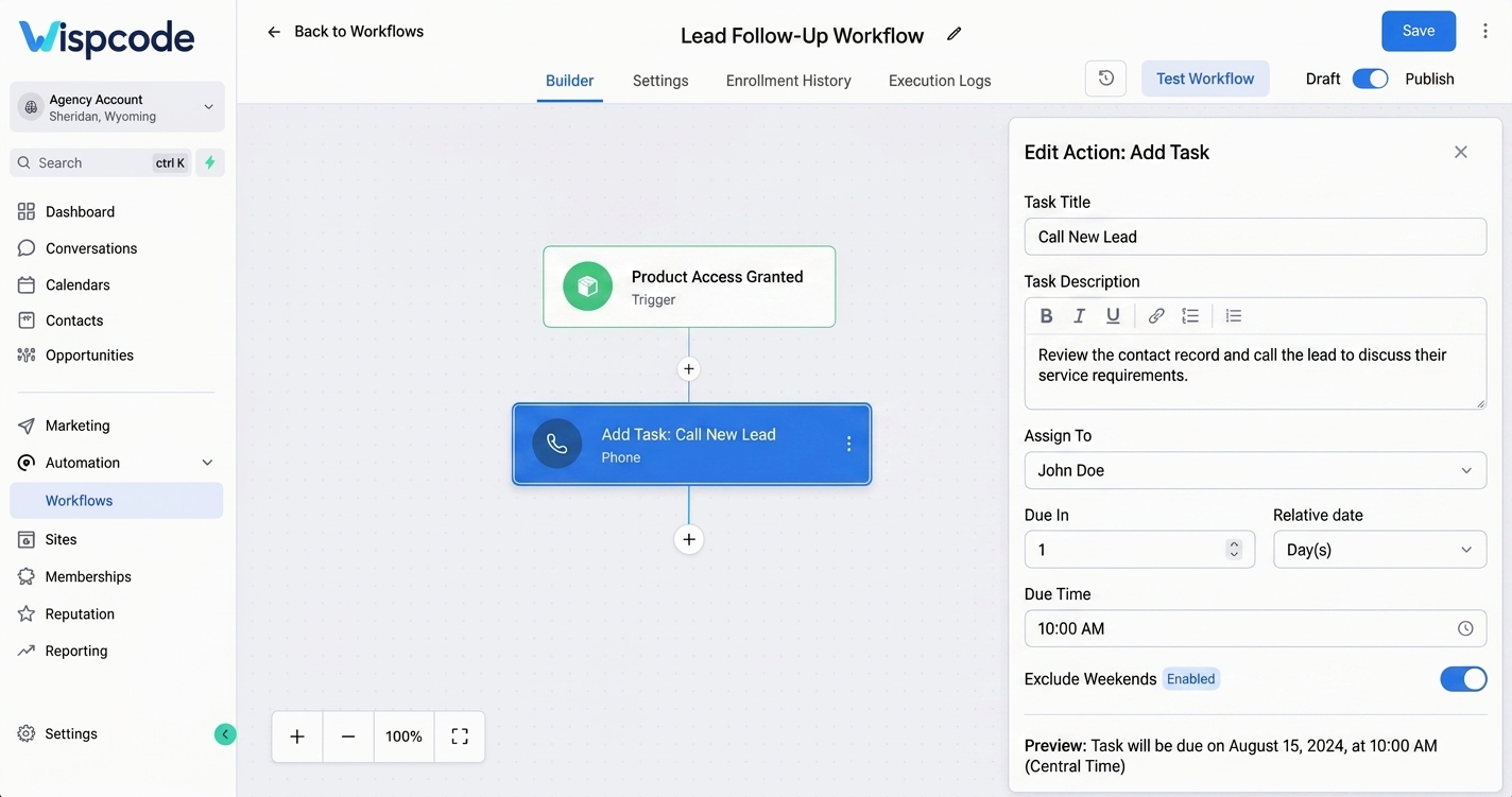 GoHighLevel Workflow Builder Add Task action GoHighLevel Workflow Builder Add Task action