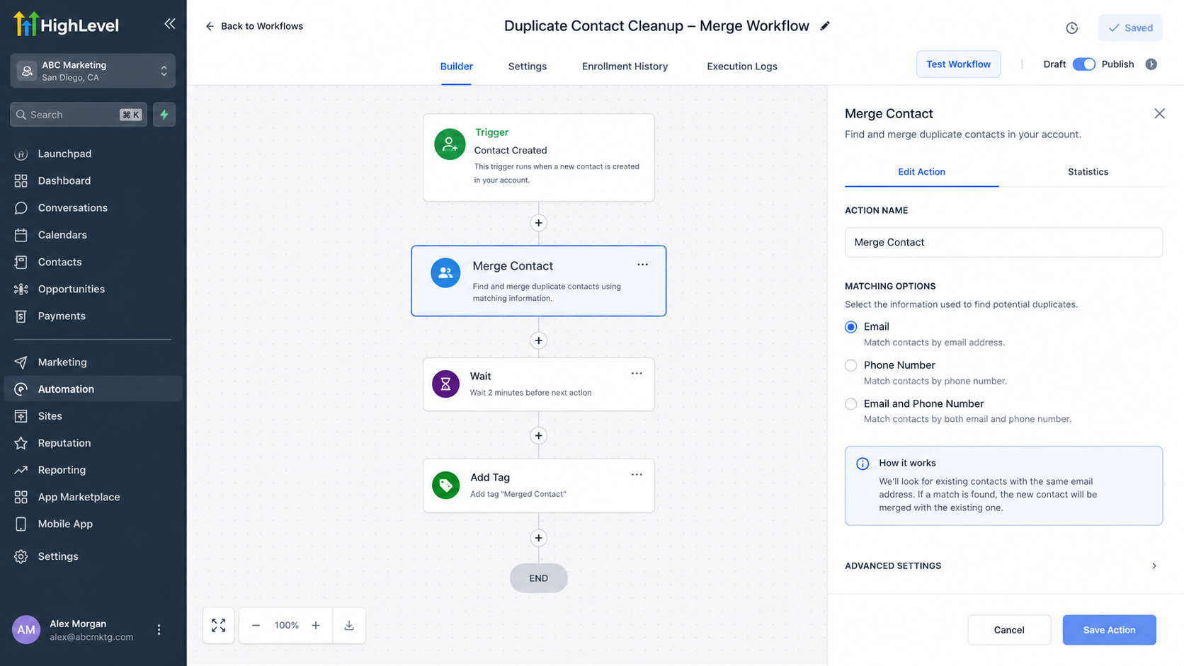 GoHighLevel workflow builder showing the Merge Contact action configured to match duplicate contacts by email GoHighLevel workflow builder showing the Merge Contact action configured to match duplicate contacts by email