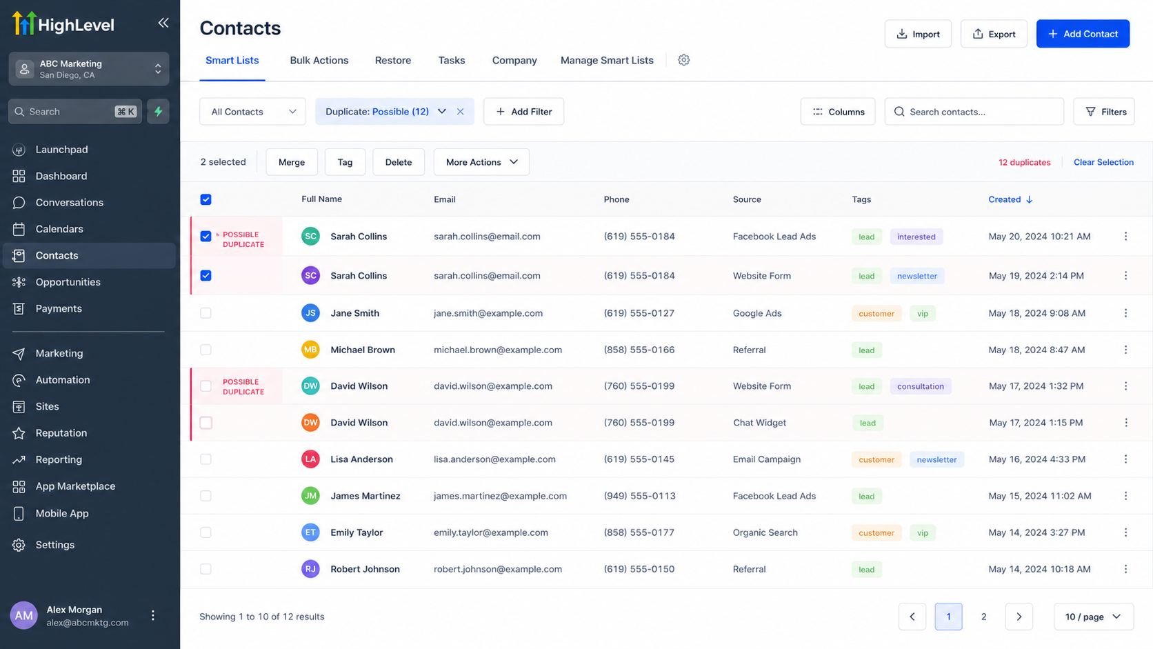 GoHighLevel contacts dashboard showing duplicate contact records flagged in the CRM contact list GoHighLevel contacts dashboard showing duplicate contact records flagged in the CRM contact list