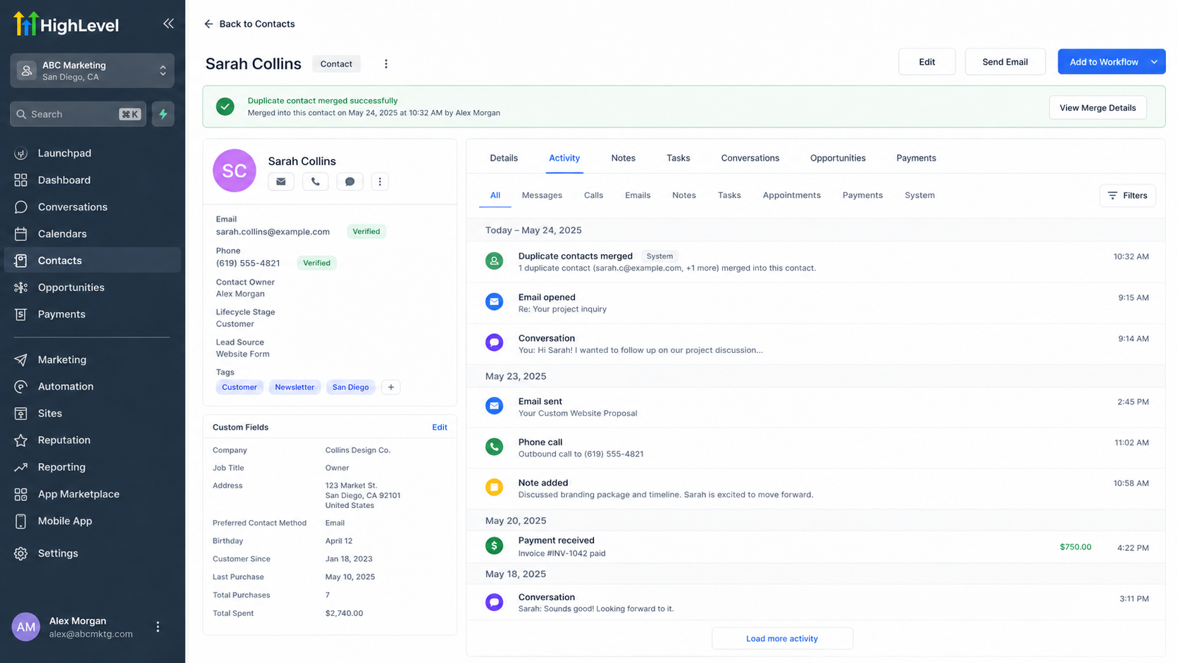GoHighLevel contact record showing a successfully merged contact with consolidated customer activity and details GoHighLevel contact record showing a successfully merged contact with consolidated customer activity and details
