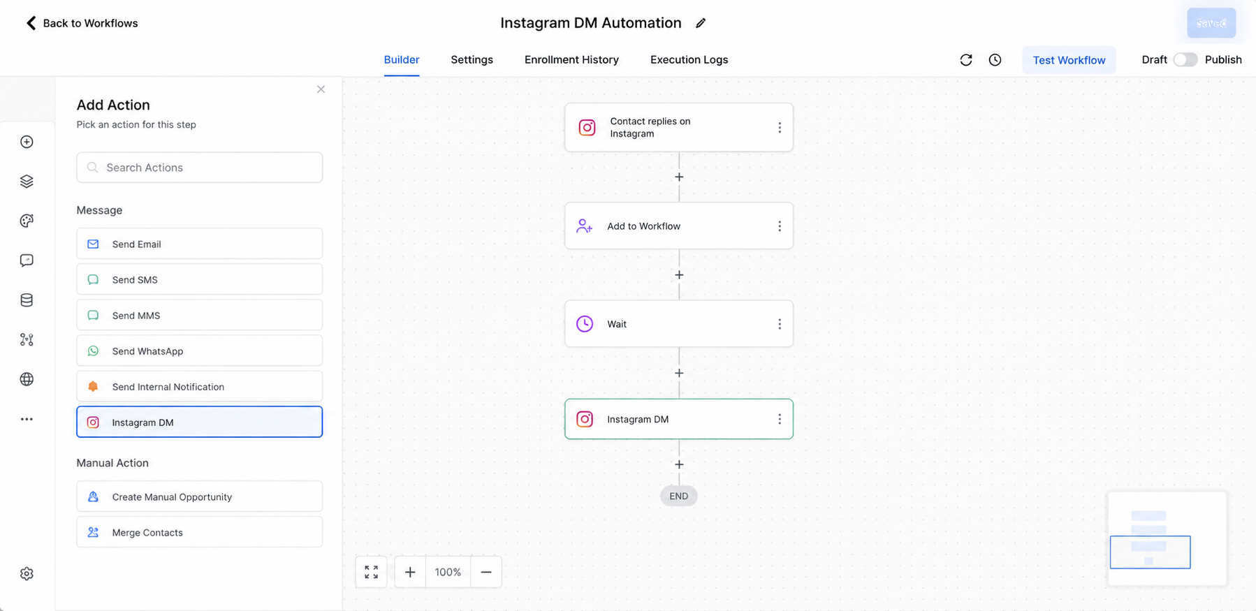 GoHighLevel workflow builder showing the Instagram DM Action for automated Instagram follow-up GoHighLevel workflow builder showing the Instagram DM Action for automated Instagram follow-up