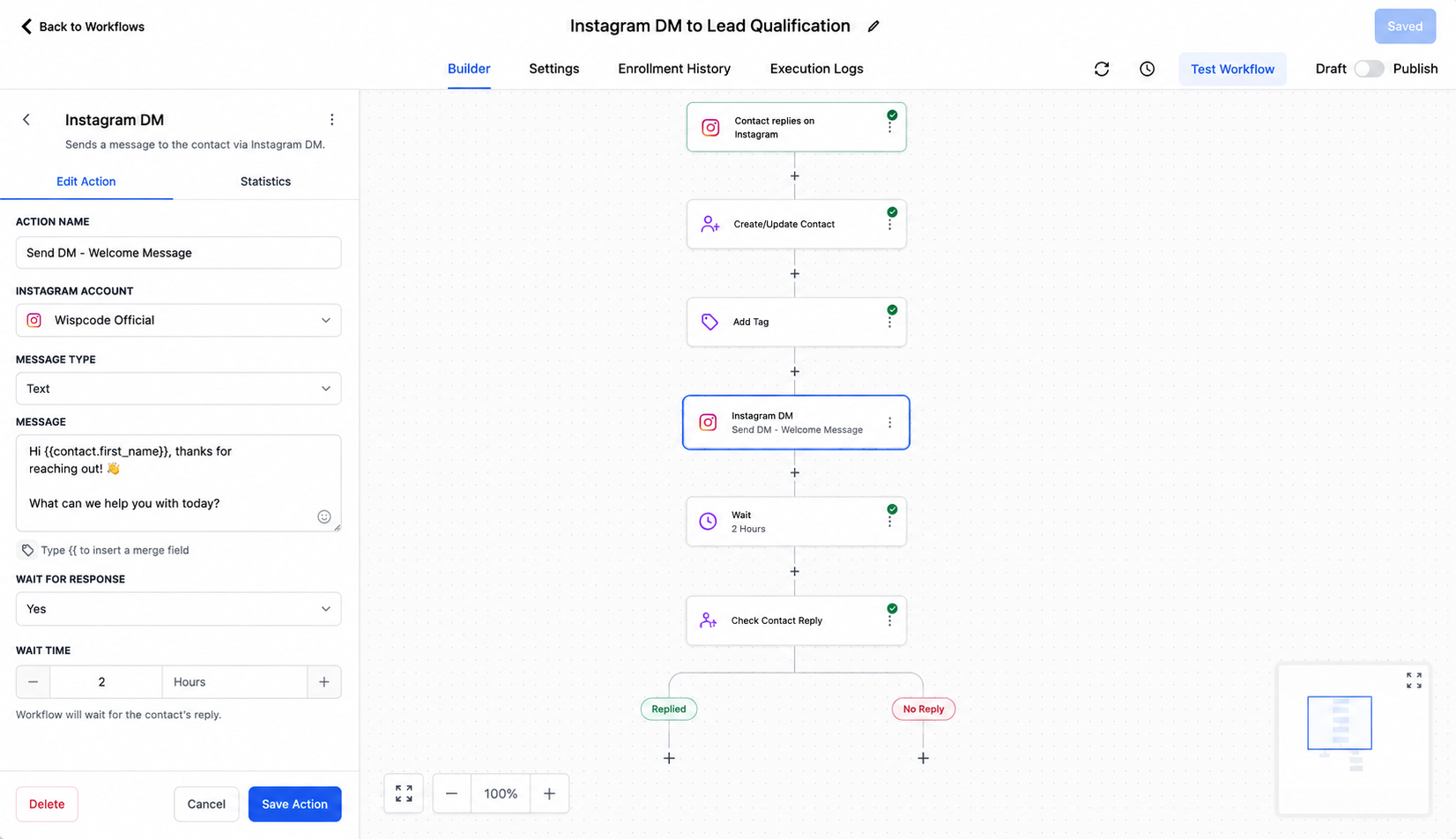 GoHighLevel Instagram DM Action configured inside a lead qualification workflow GoHighLevel Instagram DM Action configured inside a lead qualification workflow