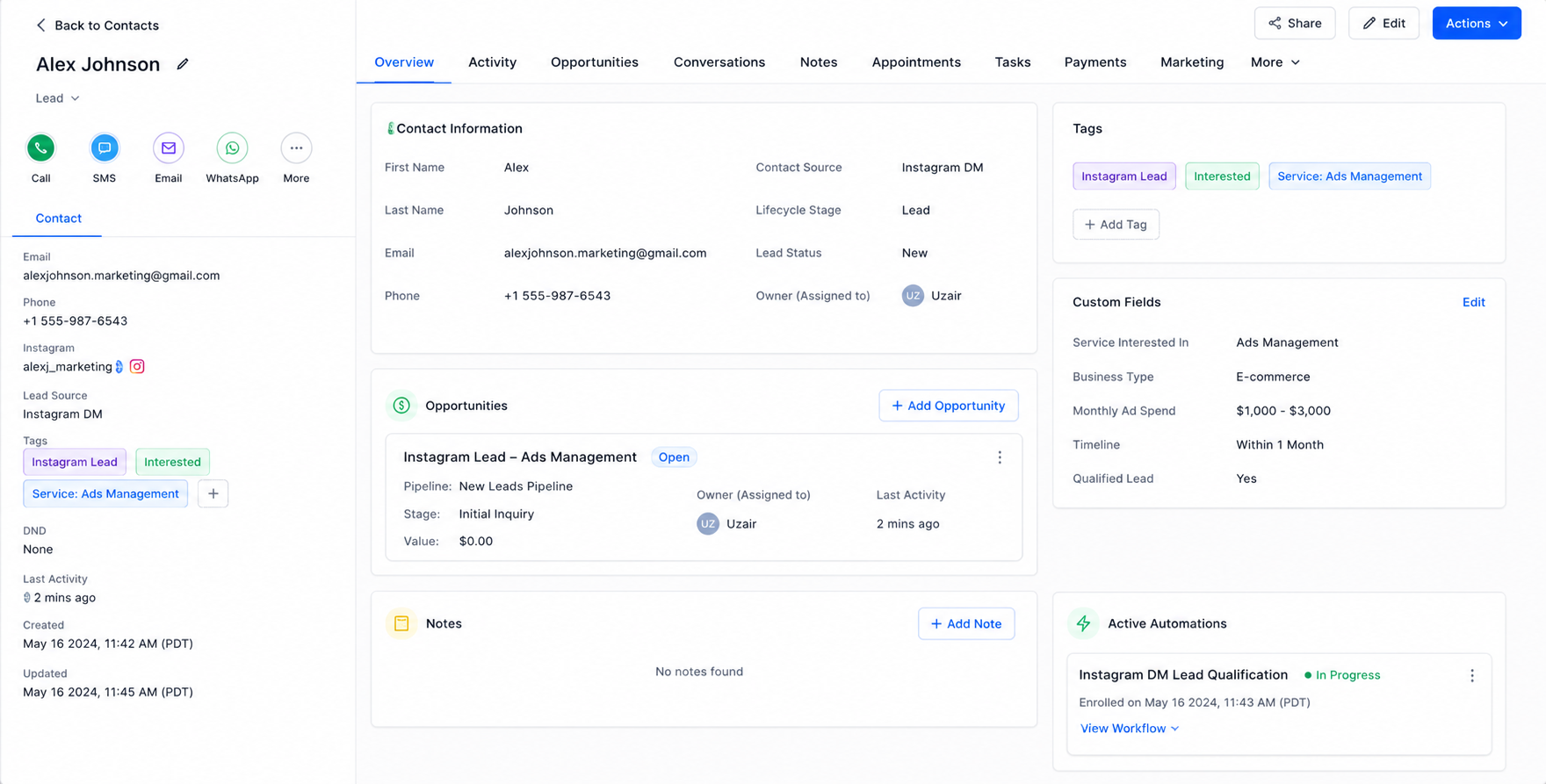 GoHighLevel CRM contact record showing an Instagram lead with tags, custom fields, and opportunity details GoHighLevel CRM contact record showing an Instagram lead with tags, custom fields, and opportunity details