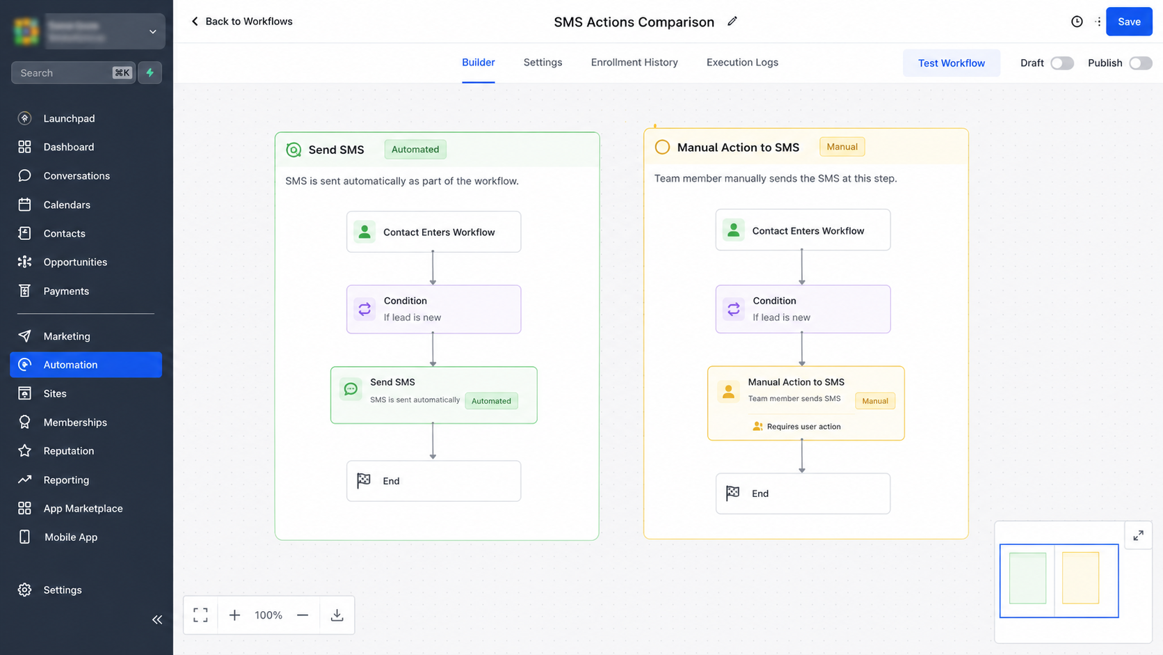 Comparison of Send SMS and Manual Action to SMS in a GoHighLevel style workflow