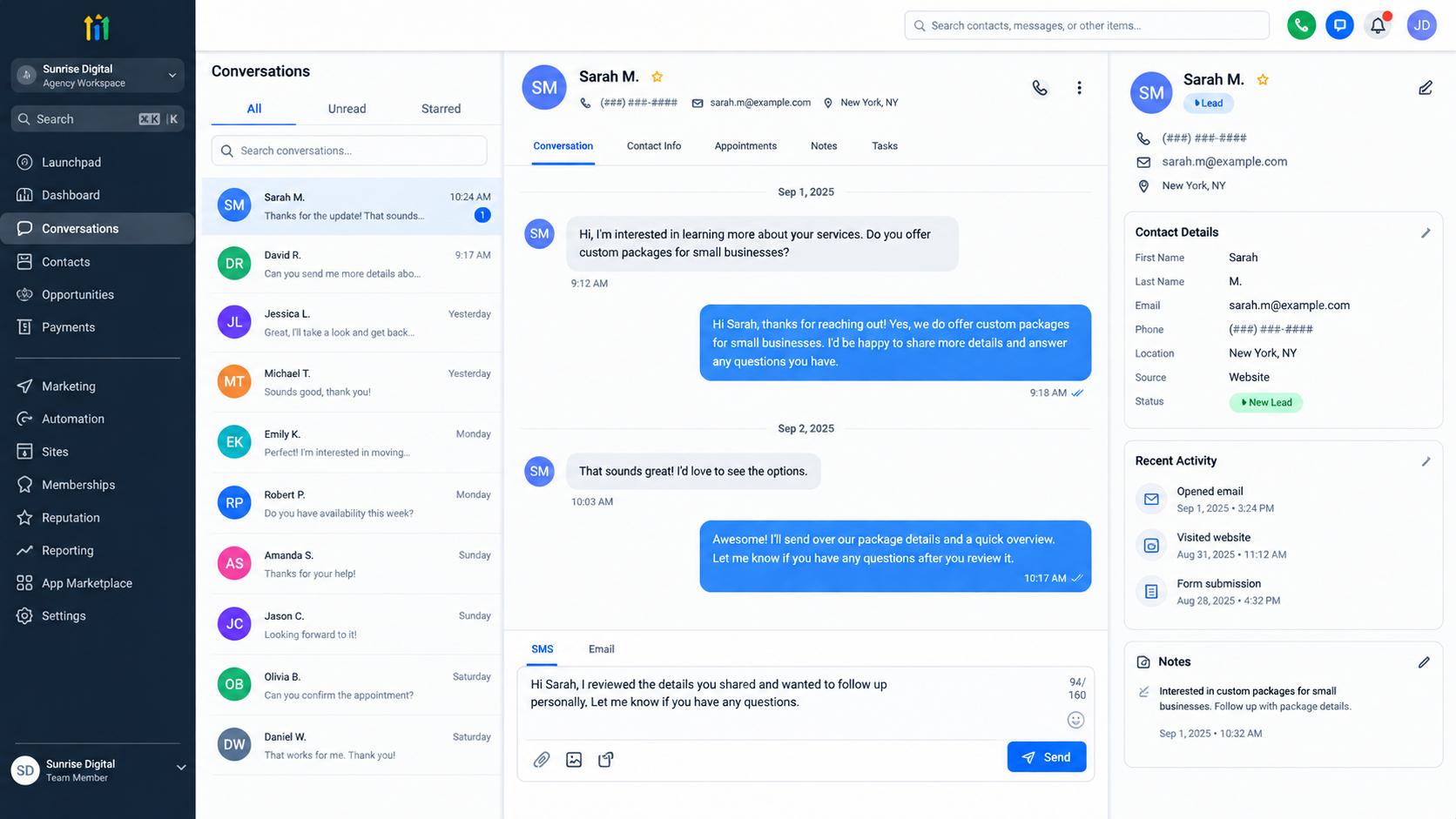 Team member preparing a personalized SMS in a GoHighLevel style CRM interface