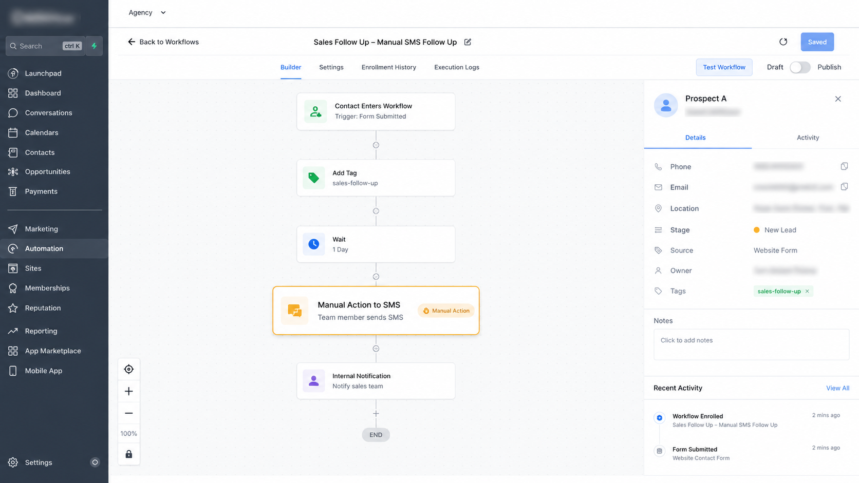GoHighLevel style sales workflow using Manual Action to SMS for personal follow up