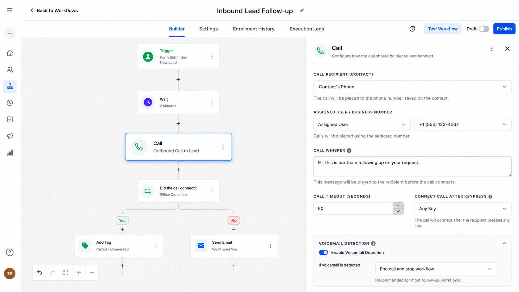GoHighLevel Call Action configuration settings in a workflow