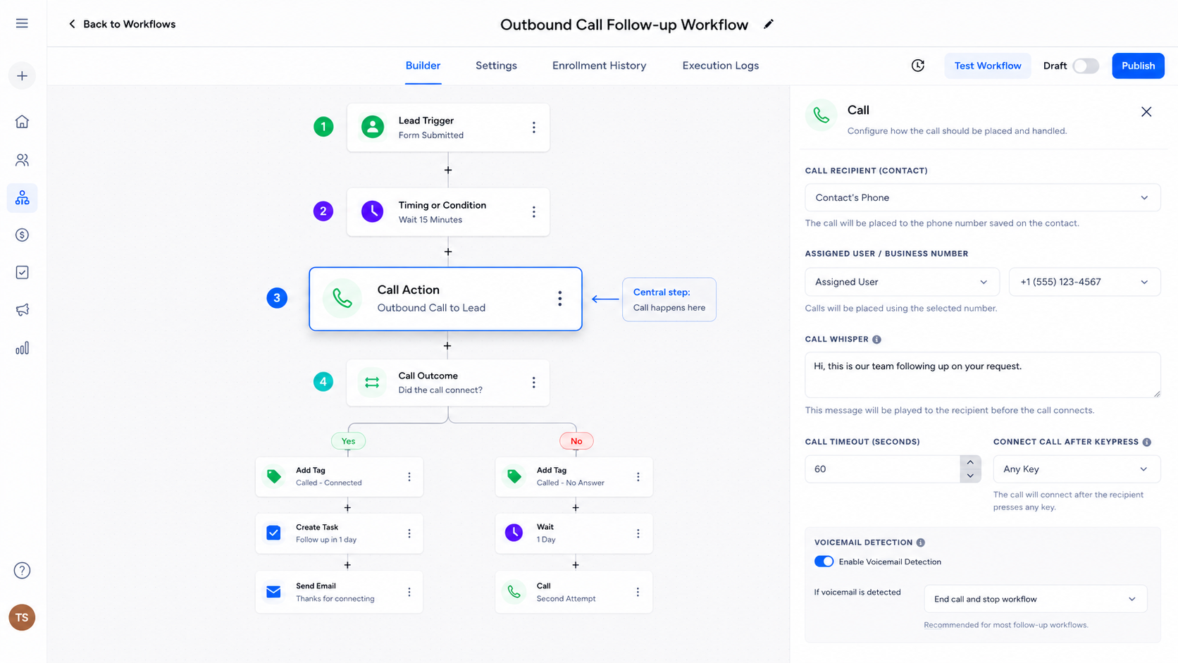 GoHighLevel workflow showing trigger condition Call Action and follow-up