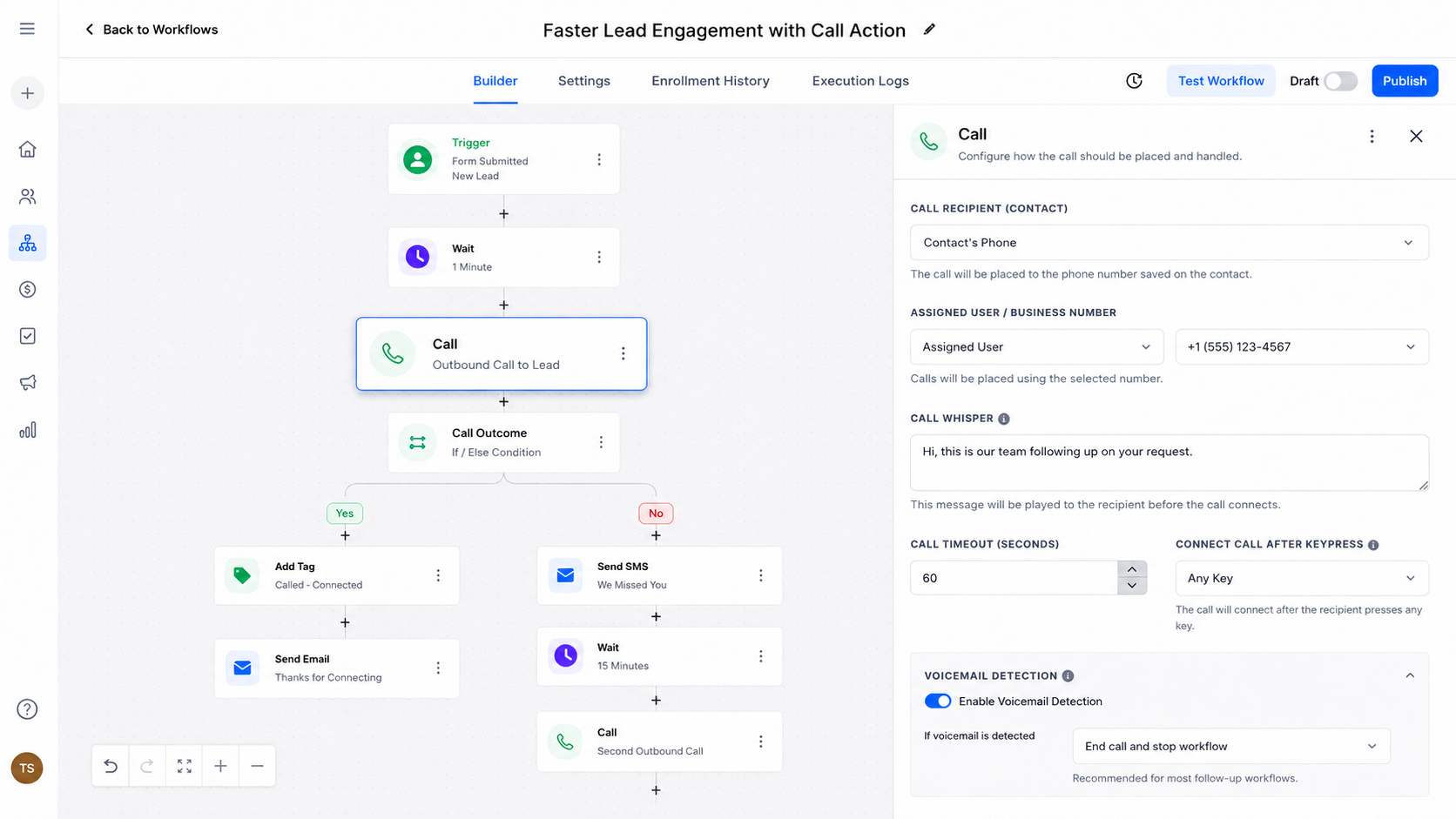 GoHighLevel automated call workflow connecting a sales representative with a lead