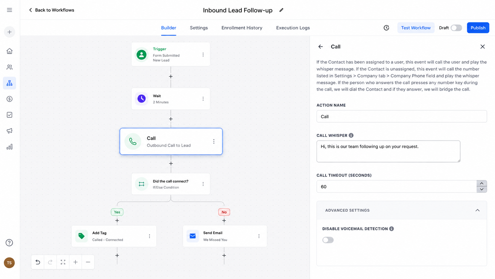 GoHighLevel Call Action inside a workflow automation