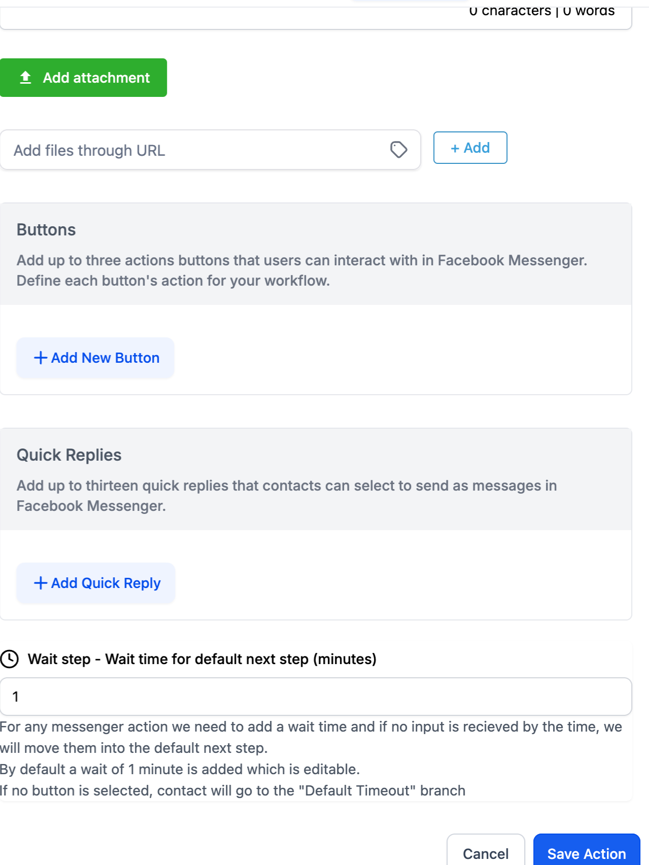 GoHighLevel Facebook Interactive Messenger panel showing the Buttons section limited to three action buttons, the Quick Replies section limited to thirteen replies and a wait step field set to one minute with an explanation of the Default Timeout branch