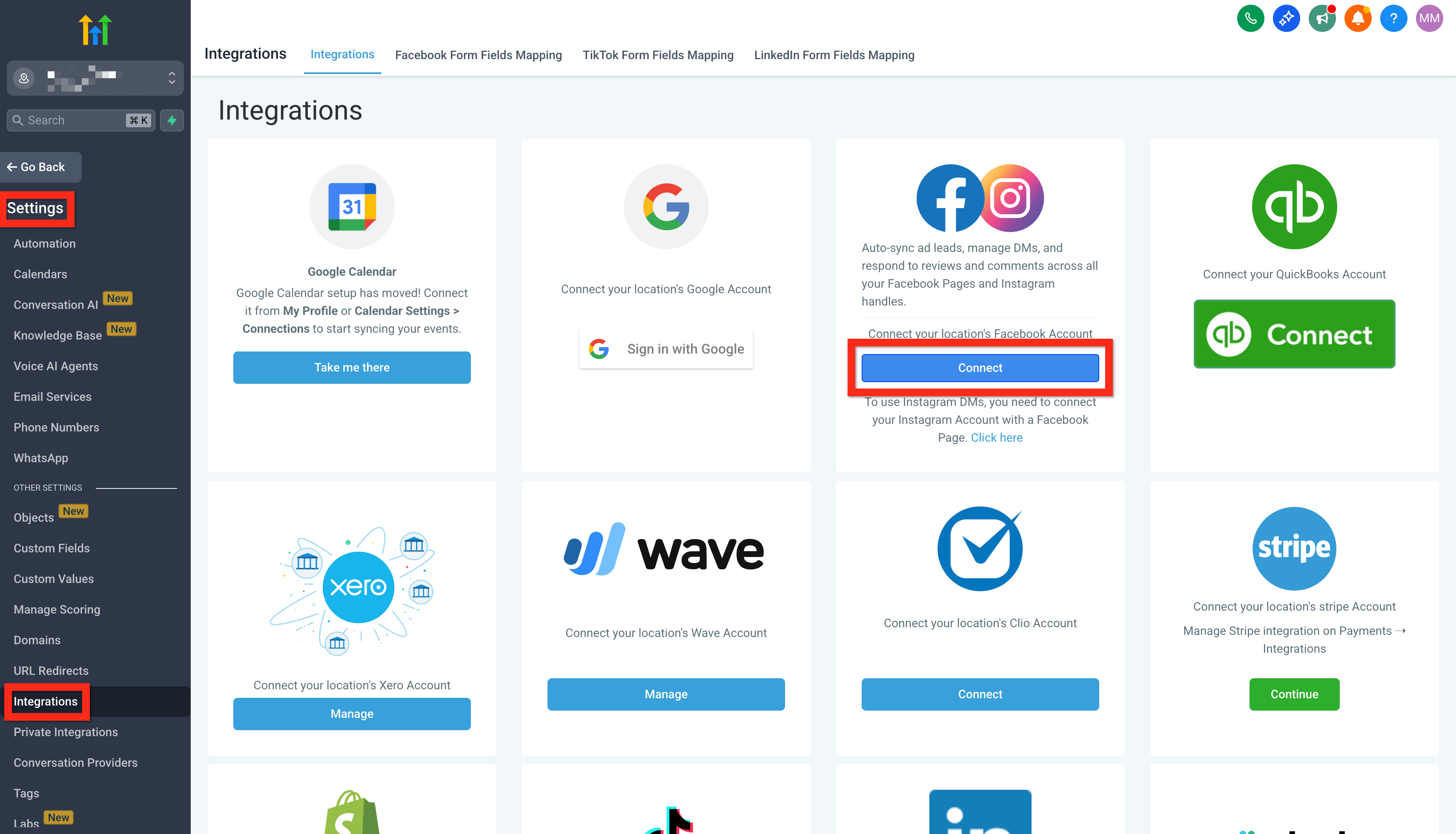 GoHighLevel Settings Integrations page with the Facebook and Instagram card highlighted and its blue Connect button boxed in red, with Settings and Integrations marked in the left sidebar