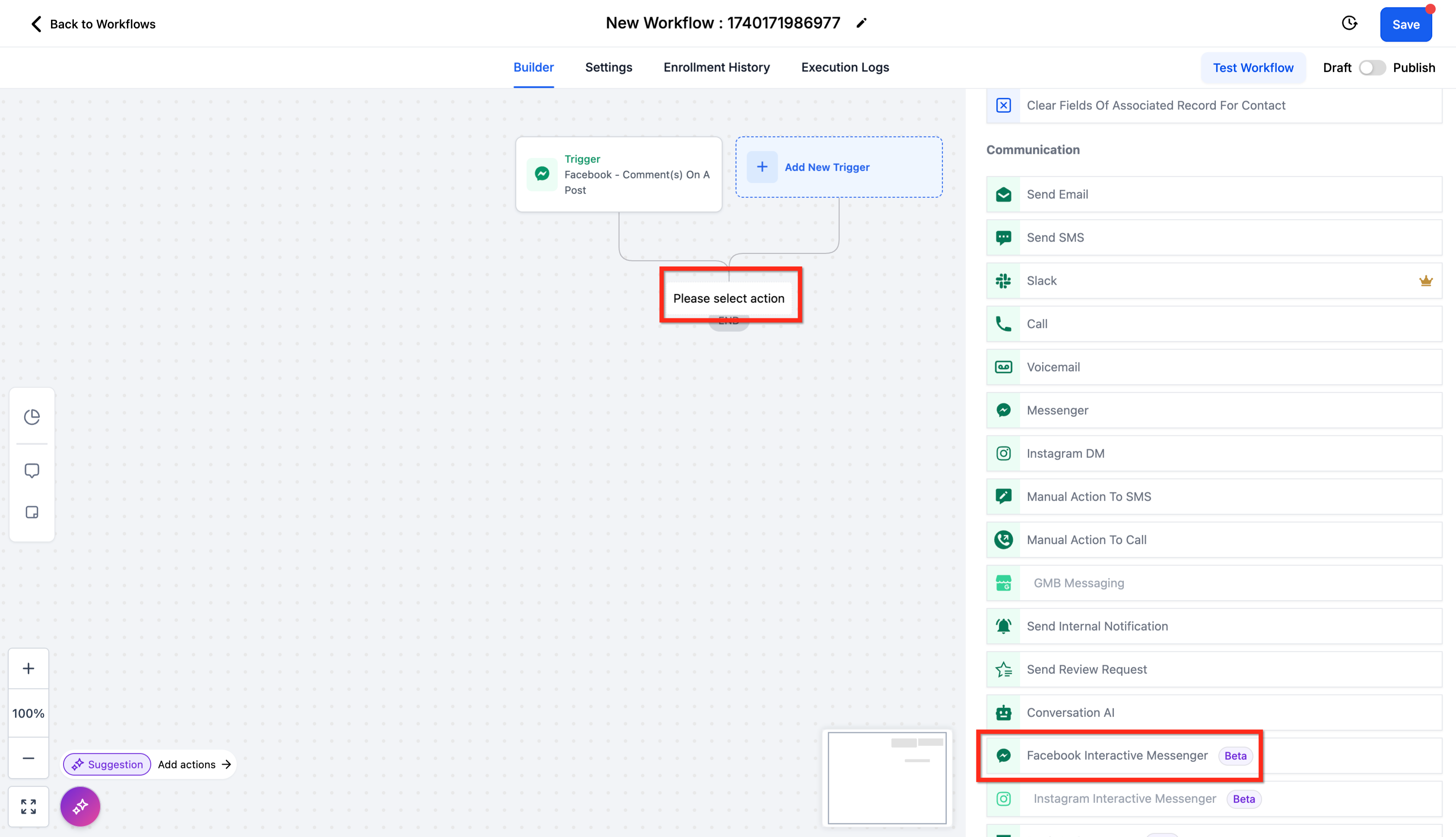 GoHighLevel workflow builder with the actions menu open on the right showing the Communication group containing Send Email, Send SMS, Slack, Call, Voicemail, Messenger, Instagram DM and Facebook Interactive Messenger marked Beta