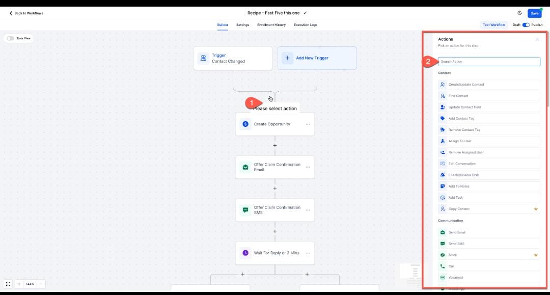 GoHighLevel Workflow Builder adding the Send Email action GoHighLevel Workflow Builder adding the Send Email action
