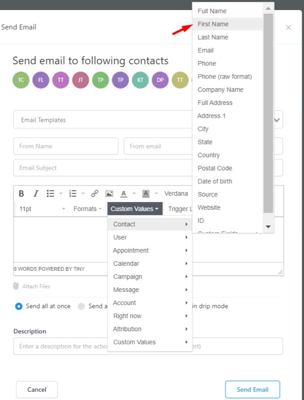 GoHighLevel Send Email action using custom values for personalized emails GoHighLevel Send Email action using custom values for personalized emails