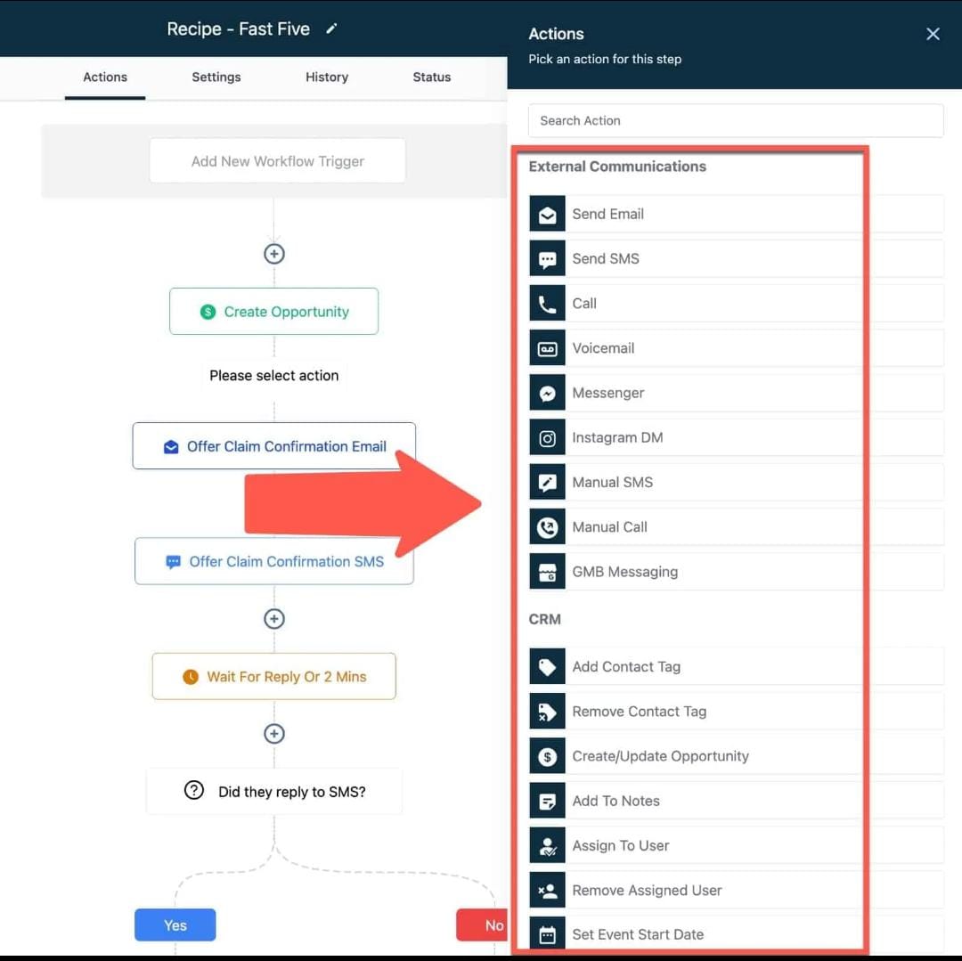 GoHighLevel Workflow Builder adding the Send SMS action GoHighLevel Workflow Builder adding the Send SMS action
