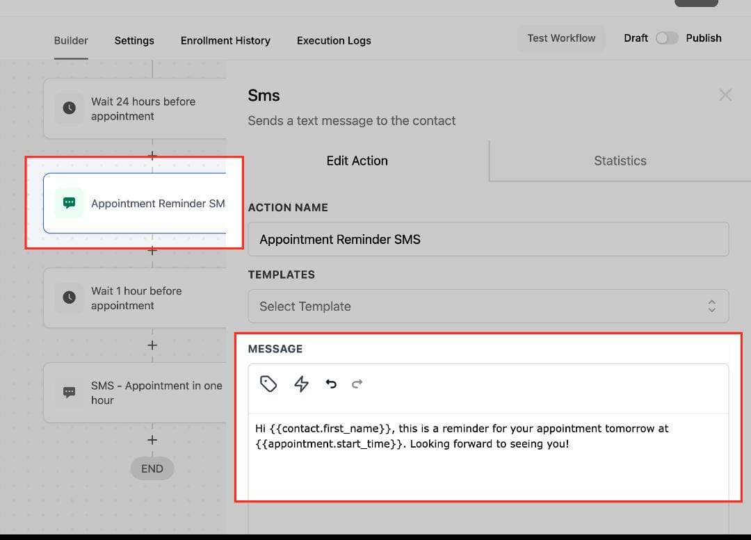 GoHighLevel Send SMS action using dynamic fields for personalized messages GoHighLevel Send SMS action using dynamic fields for personalized messages