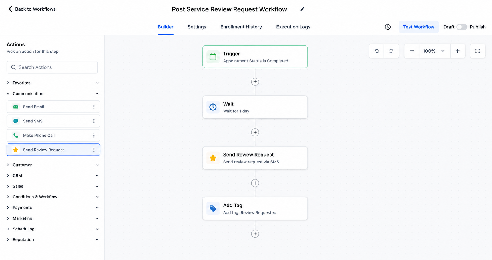 GoHighLevel workflow showing a completed appointment trigger, wait step, and Send Review Request action. GoHighLevel workflow showing a completed appointment trigger, wait step, and Send Review Request action.