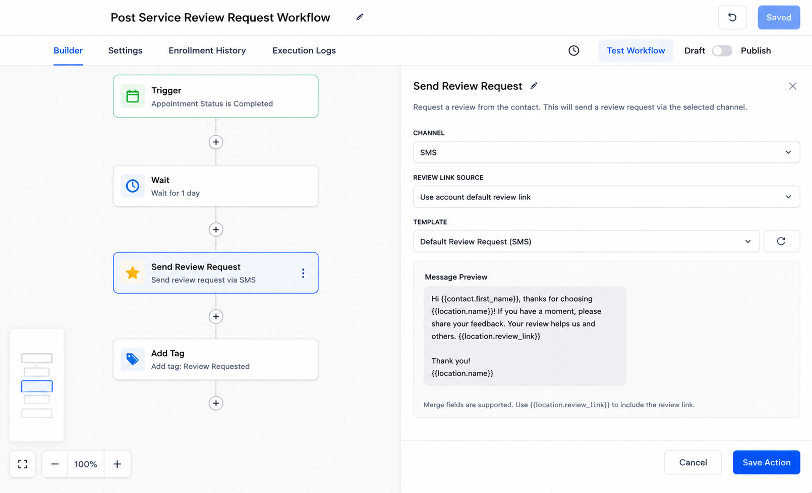 GoHighLevel Send Review Request action settings showing SMS channel, review link source, and review request message preview. GoHighLevel Send Review Request action settings showing SMS channel, review link source, and review request message preview.