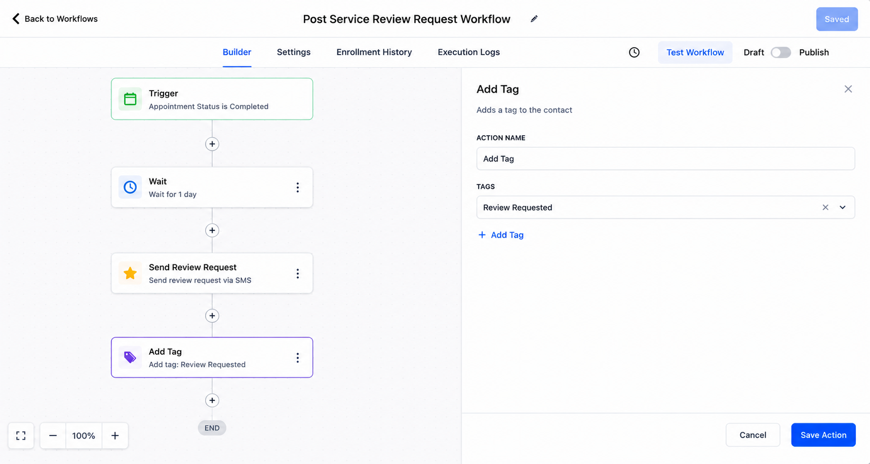 GoHighLevel workflow showing a completed appointment, wait step, Send Review Request action, and Review Requested tag. GoHighLevel workflow showing a completed appointment, wait step, Send Review Request action, and Review Requested tag.