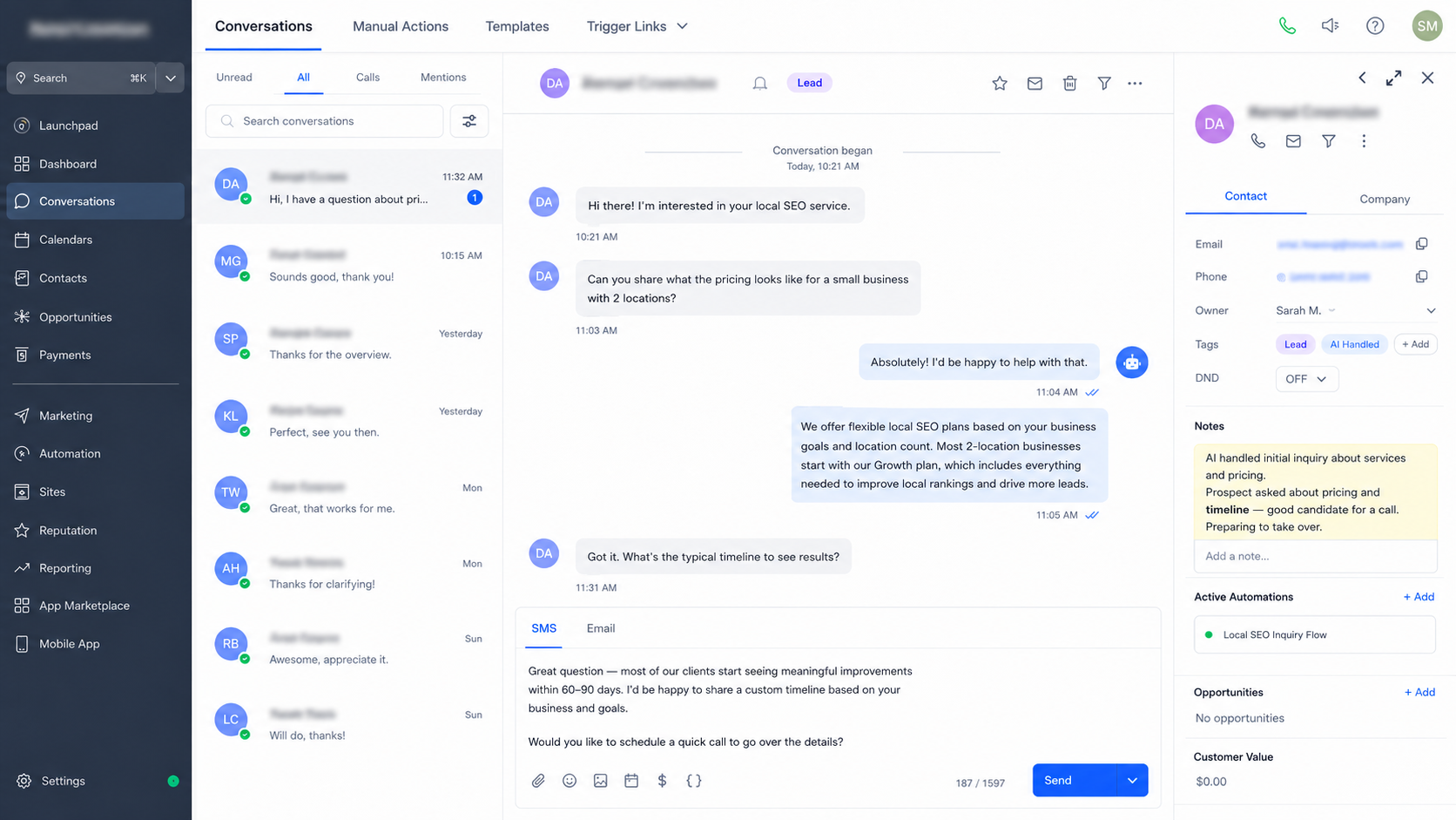 GoHighLevel team reviewing an AI-assisted customer conversation for human follow-up GoHighLevel team reviewing an AI-assisted customer conversation for human follow-up
