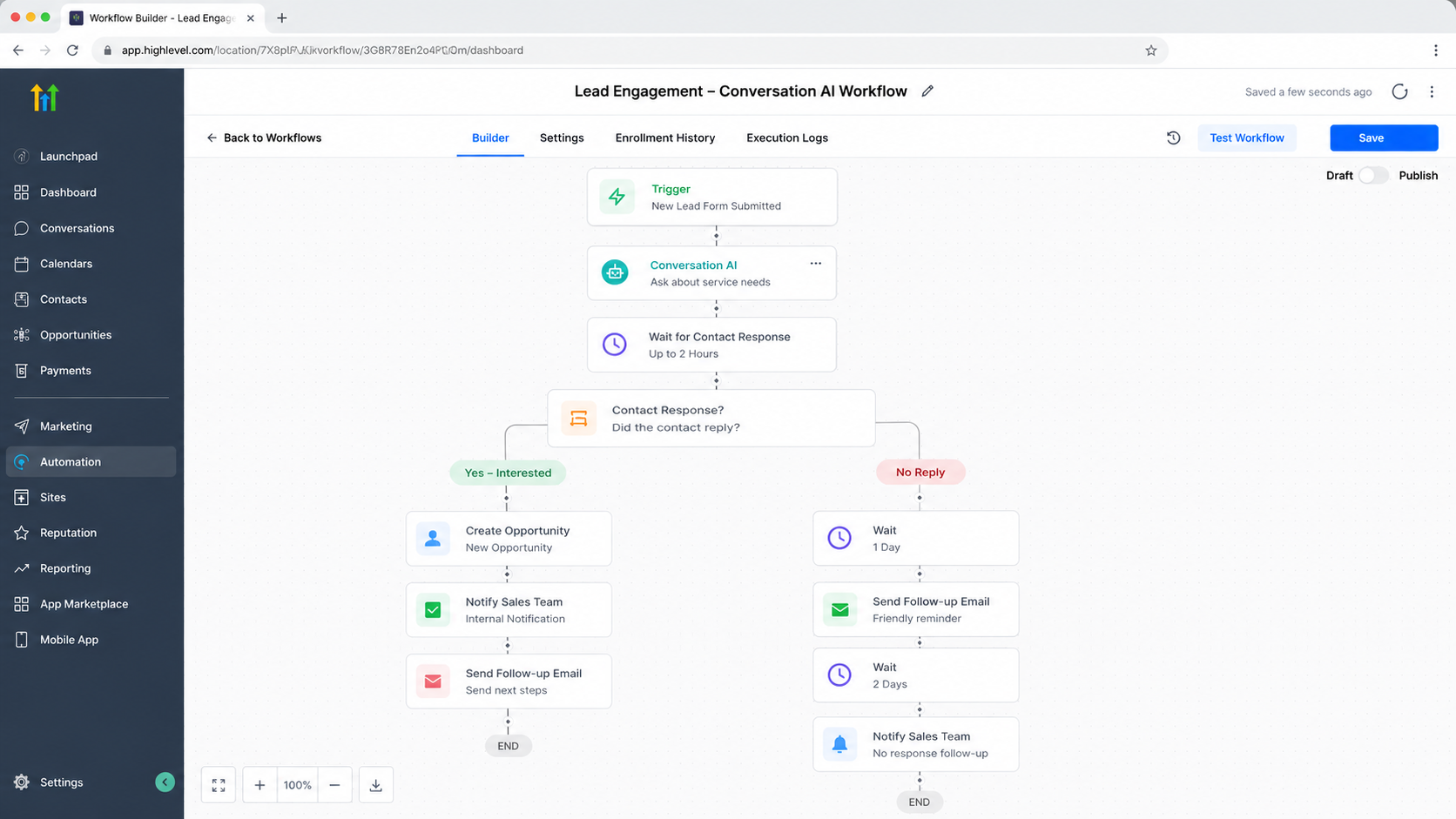 GoHighLevel workflow showing a trigger leading to Conversation AI and follow-up automation GoHighLevel workflow showing a trigger leading to Conversation AI and follow-up automation