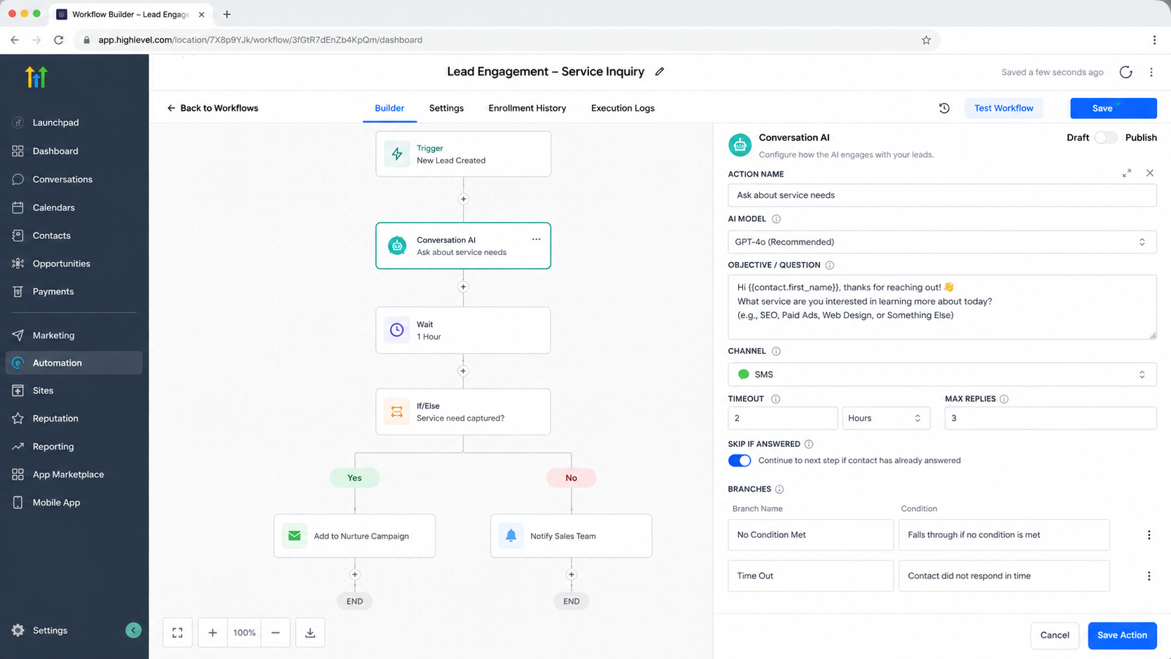 GoHighLevel workflow showing the Conversation AI Action configured for automated lead engagement GoHighLevel workflow showing the Conversation AI Action configured for automated lead engagement